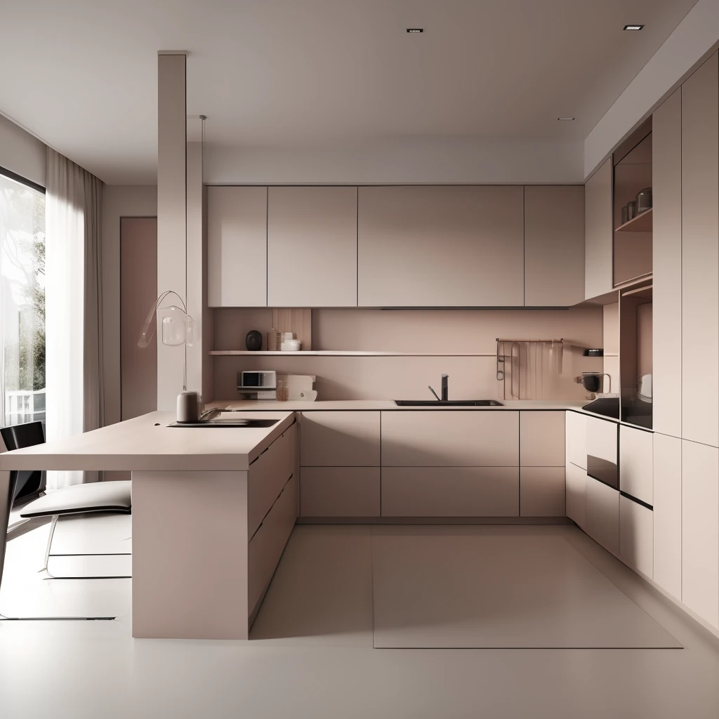 Obra-prima, alta qualidade, melhor qualidade, Genuine, super detalhe, minimalismo, interior,cozinha,cupboard, bancada, cozinha americana em MDF rosa infinito essencial, Planned furniture /(moderno/)