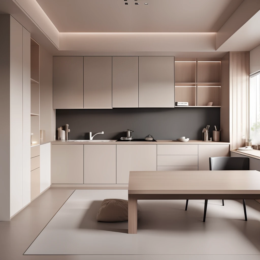 Obra-prima, alta qualidade, melhor qualidade, Genuine, super detalhe, minimalismo, interior,cozinha,cupboard, bancada, cozinha americana em MDF rosa infinito essencial, Planned furniture /(moderno/)