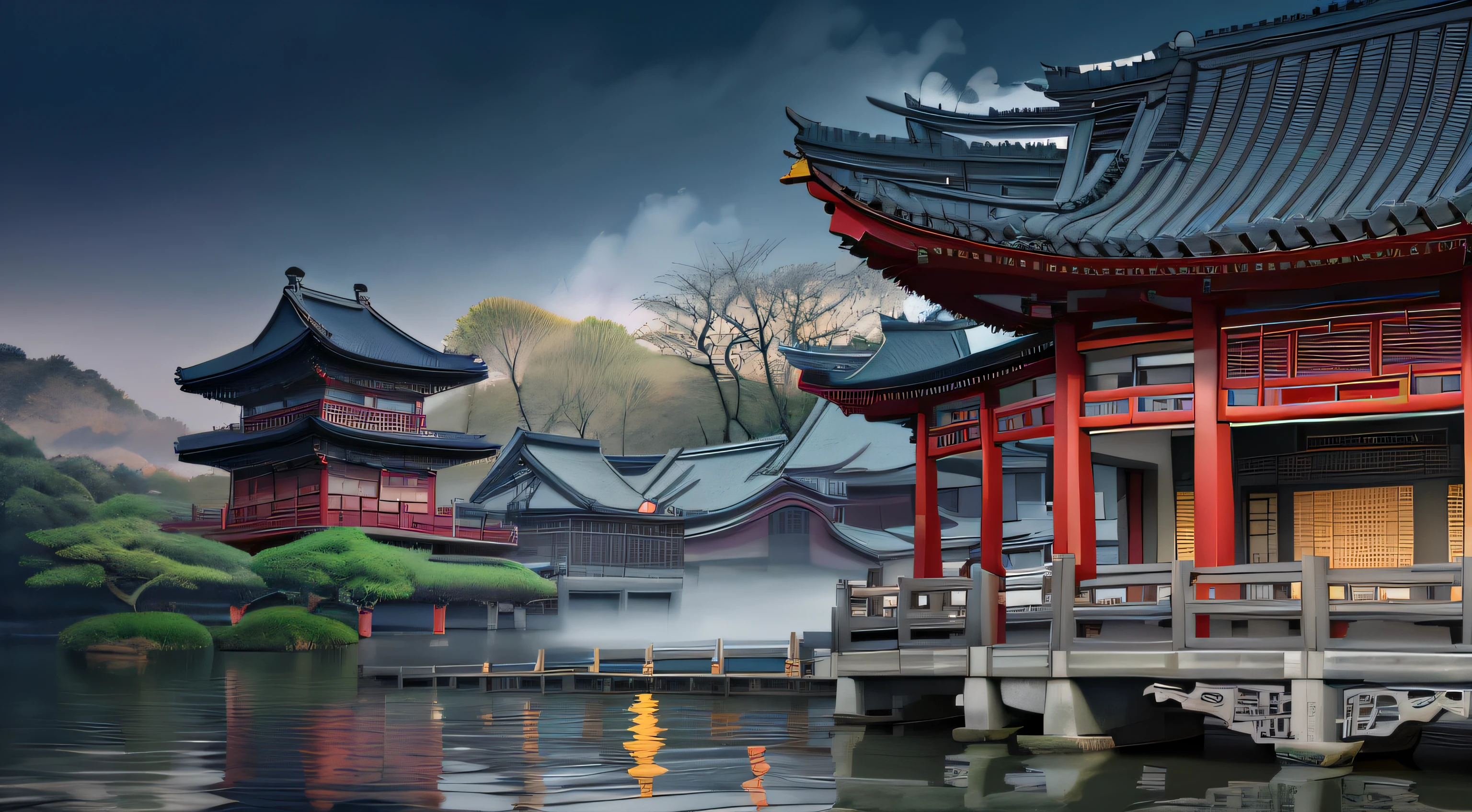 There is a painting of Japanese style architecture,There is a bridge over the pond, Detailed painting 4 K, digital painting of a pagoda, Detailed scenery —width 672, Beautiful digital artwork, 8K high quality detailed art, Beautiful art UHD 4 K, japanese town, Beautiful rendering of the Tang Dynasty, highly detailed digital painting, very detailed digital painting, dreamy Chinese towns