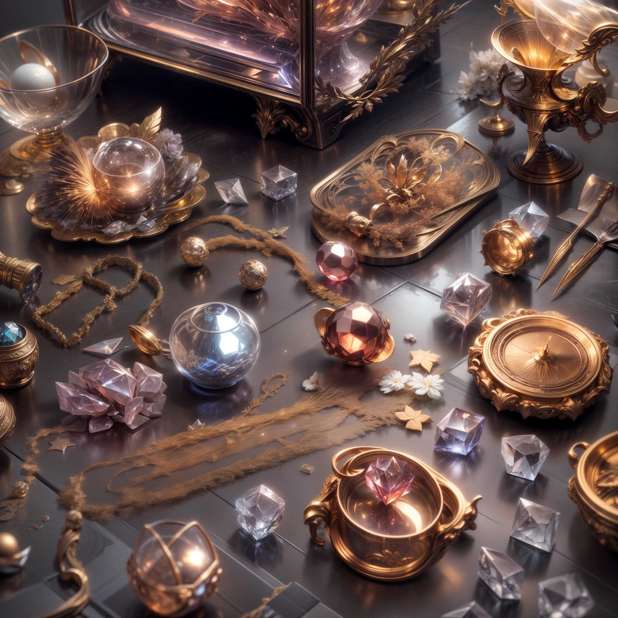 in the style of futuristic,(Full Focus),Antiques on the tabletop,Jewelry on the tabletop,Crystal gemstone on tabletop,Gold and silver products,Magic symbols,Magic light particle effect,high - tech,luxury goods, High-value jewelry,,High-value metals,luxury goods,Puzzles are prohibited, Detailed and complex background, glittery, reflective light, hyper HD, Award-Awarded, A high resolution, High detail, Chiaroscuro, Cinematic lighting, Masterpiece, Ray traching,structurally correct, Super detail, High quality, High details, Best quality, 16k