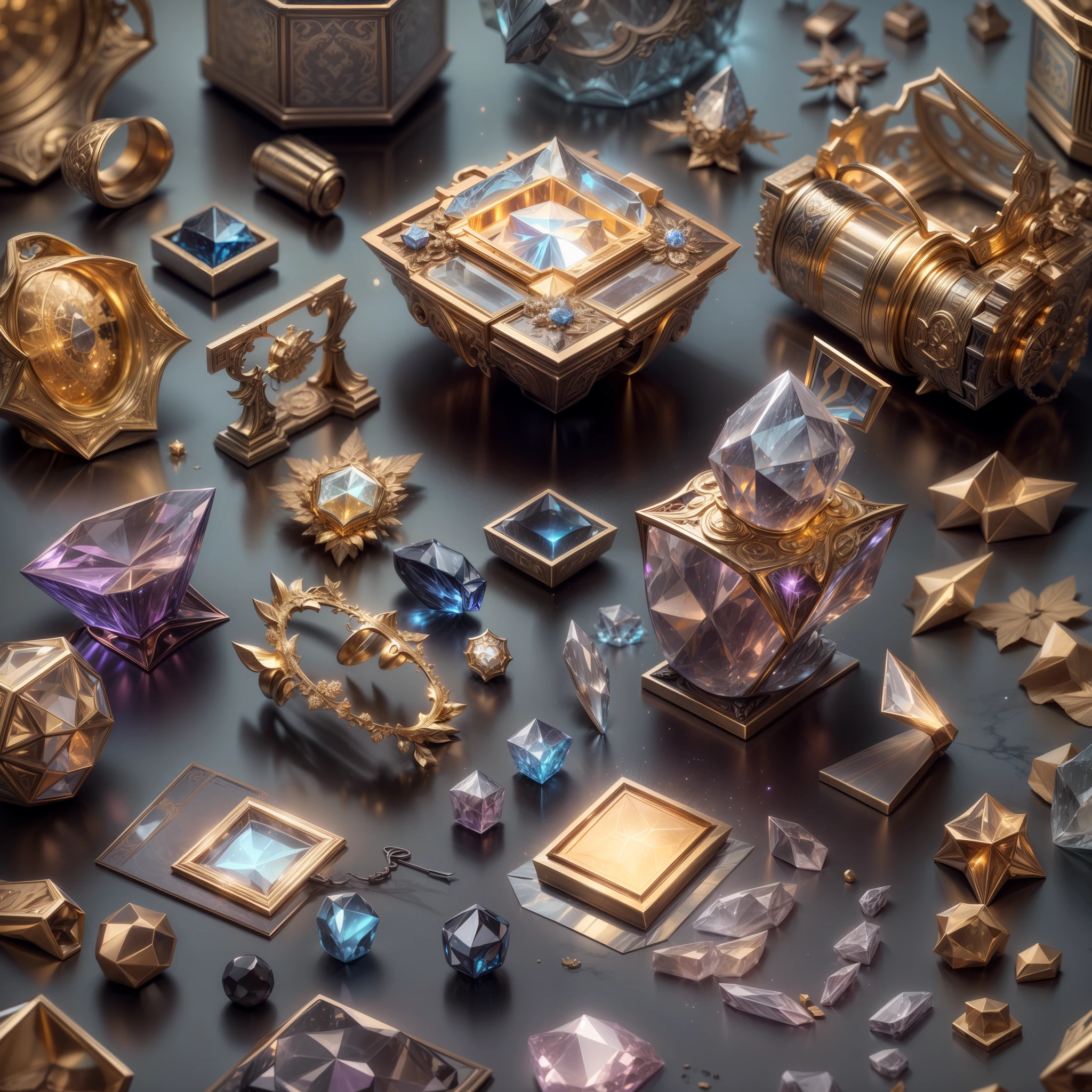 in the style of futuristic,(Full Focus),Antiques on the tabletop,Jewelry on the tabletop,Crystal gemstone on tabletop,Gold and silver products,Magic symbols,Magic light particle effect,high - tech,luxury goods, High-value jewelry,,High-value metals,luxury goods,Puzzles are prohibited, Detailed and complex background, glittery, reflective light, hyper HD, Award-Awarded, A high resolution, High detail, Chiaroscuro, Cinematic lighting, Masterpiece, Ray traching,structurally correct, Super detail, High quality, High details, Best quality, 16k