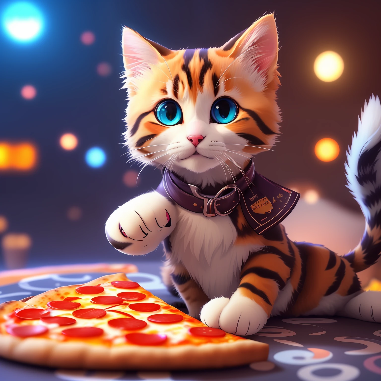 Have a cat, which sits next to the pizza, adorable digital painting, cute 3 d render, cute detailed digital art, Cat eating pizza, Cute digital art, 3 d epic illustrations, highly detailed 4k digital art, ultra realistic 3d illustration, Anime visual image of a cute cat, beautiful digital artwork, Anime Cat, trending on artstation 4k