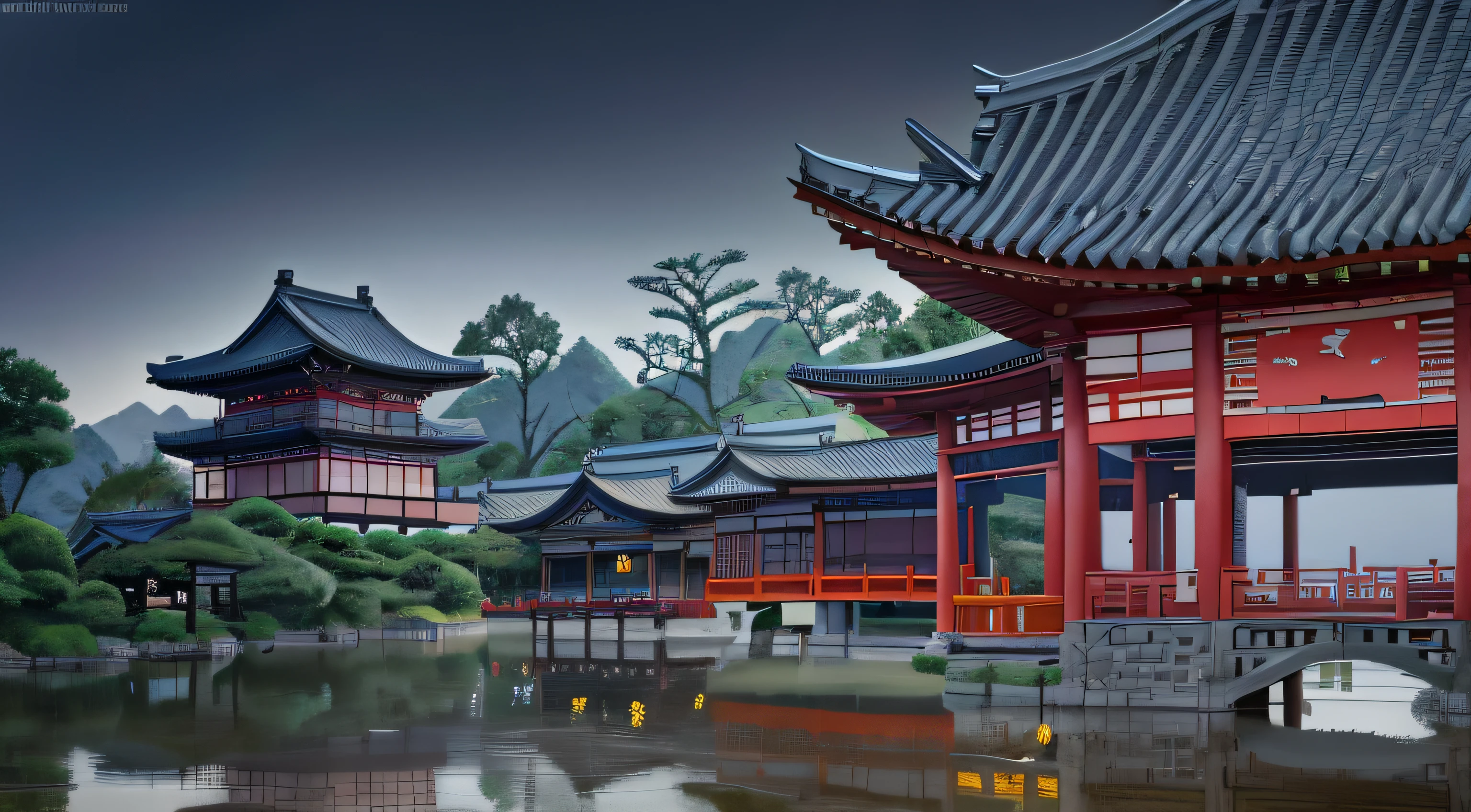 There is a painting of Japanese style architecture,There is a bridge over the pond, Detailed painting 4 K, digital painting of a pagoda, Detailed scenery —width 672, Beautiful digital artwork, 8K high quality detailed art, Beautiful art UHD 4 K, japanese town, Beautiful rendering of the Tang Dynasty, highly detailed digital painting, very detailed digital painting, dreamy Chinese towns