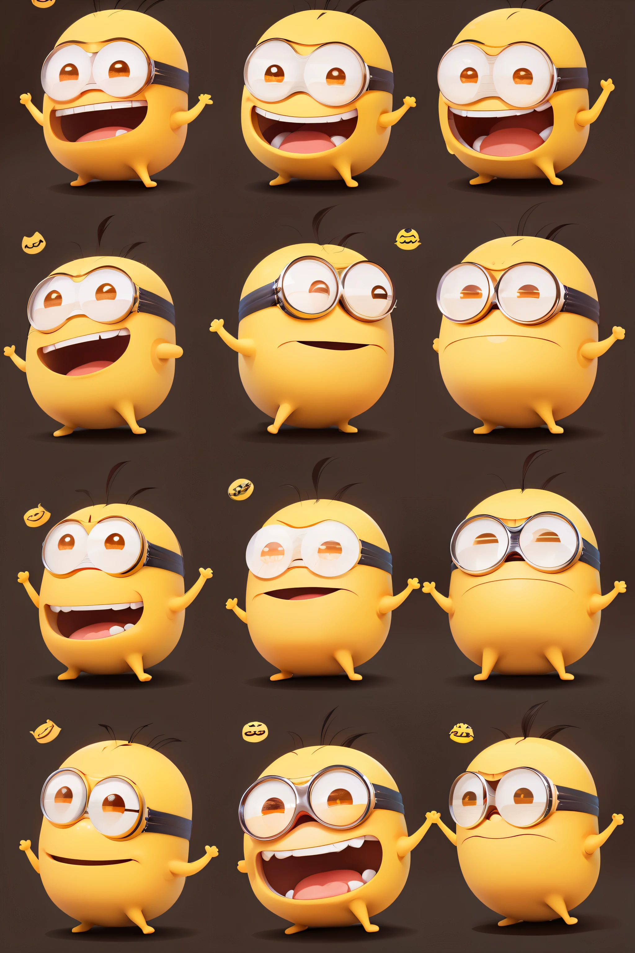 /imagine prompt:Emoji sheet of Minions,multiple expressions,smile,laughing,crying,angry,puzzled,sadness,surprised,scold,multiple poses,running,jumping,walking,lying,anthropomorphic styles,vector illustration --q .5 --niji 5
