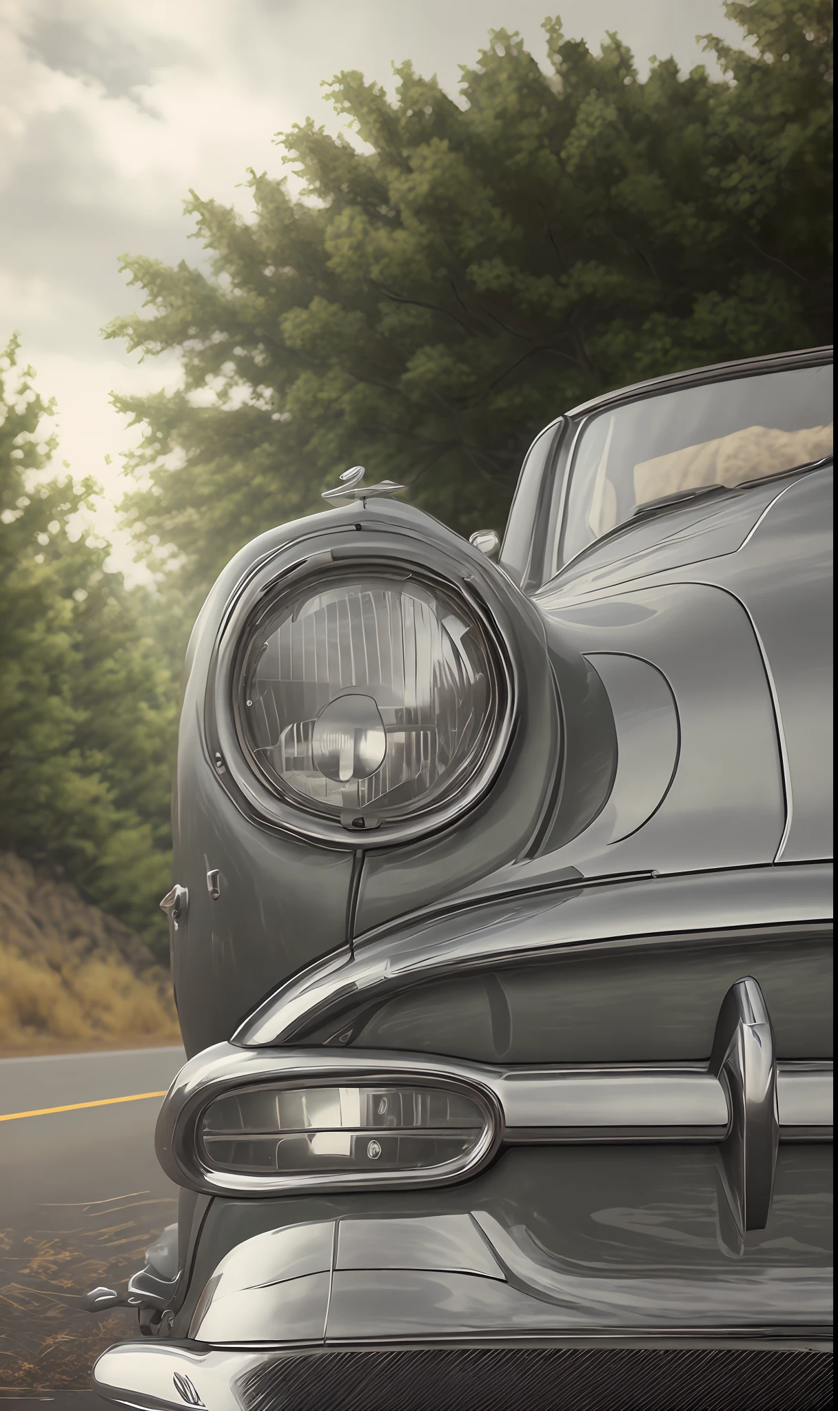 a close up of a car with a large headlight on a road, classic car, classic cars, photorealism style, photorealism, automotive photography, hdr detail, auto photography, photorealism. trending on flickr, cars portraits, photography photorealism, vintage cars, classic chrome, photorealism!!, photorealism art, car photography, vintage car, detailled light
