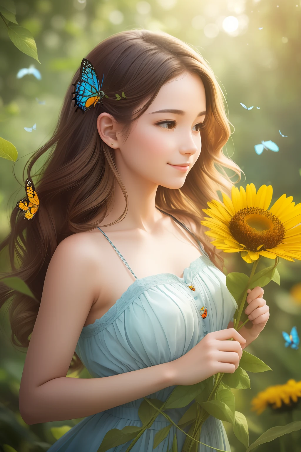 A cute girl holding flowers, wavy hairs, fly butterfly, ladybug, meadow, dancing, holding flowers, happy, in the jungle, perfect quality, clear focus (clutter-home: 0.8), (masterpiece: 1.2) (Realistic: 1.2) (Bokeh) (Best quality) (Detailed skin: 1.3) (Intricate details) (8K) (Detail Eyes) (Sharp Focus), (Happy)