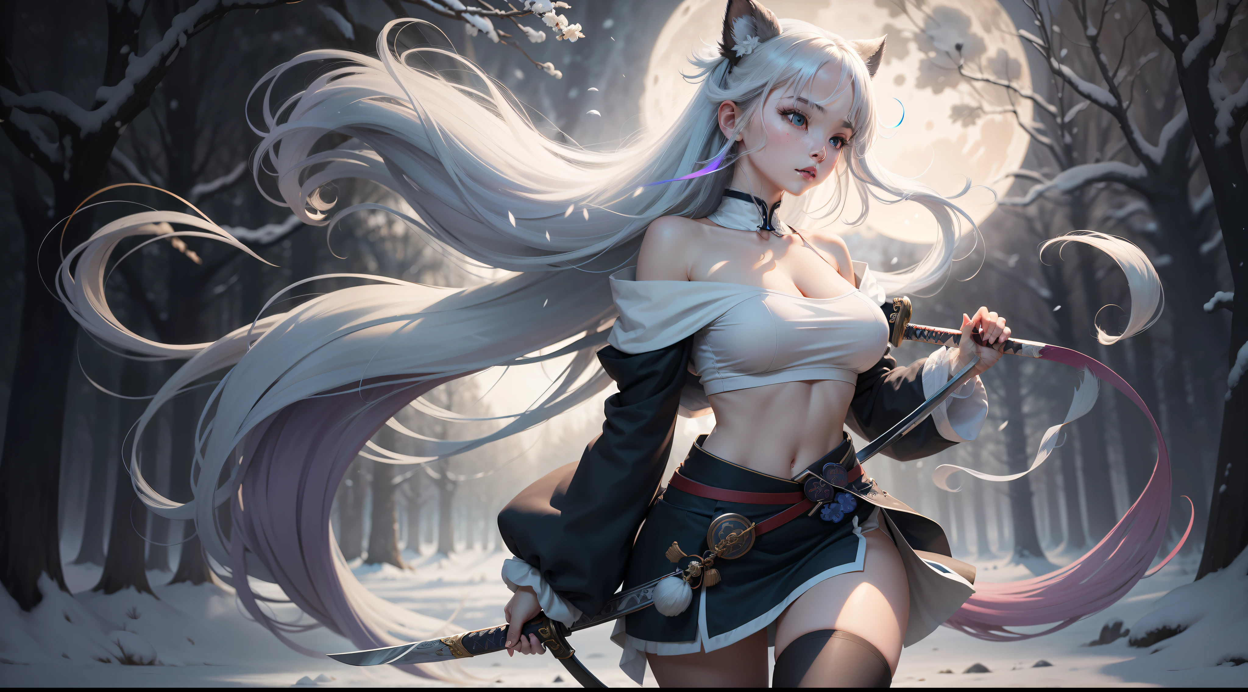 Motion blur, Depth of field,Gray world,Blue Moon,Big trees that bend and hover,The moonlight shone on the side of the girl's face,22 year old,realisticlying,Female Taoist,no-bra,vacuum,Extra-long sleeves,Off-the-shoulder attire,huge tit,cleavage,Full length of colorful hair,Color gradient for long hair,Messy hair,Barefoot,realskin,realcumAI,Snow-white skin,Snow-white thighs,Top image quality,Extreme light and shadow,Colorful tights,High details,Standing painting,lines of movement,Panorama sword dance,Dance,komono,Hold the katana horizontally,combats,