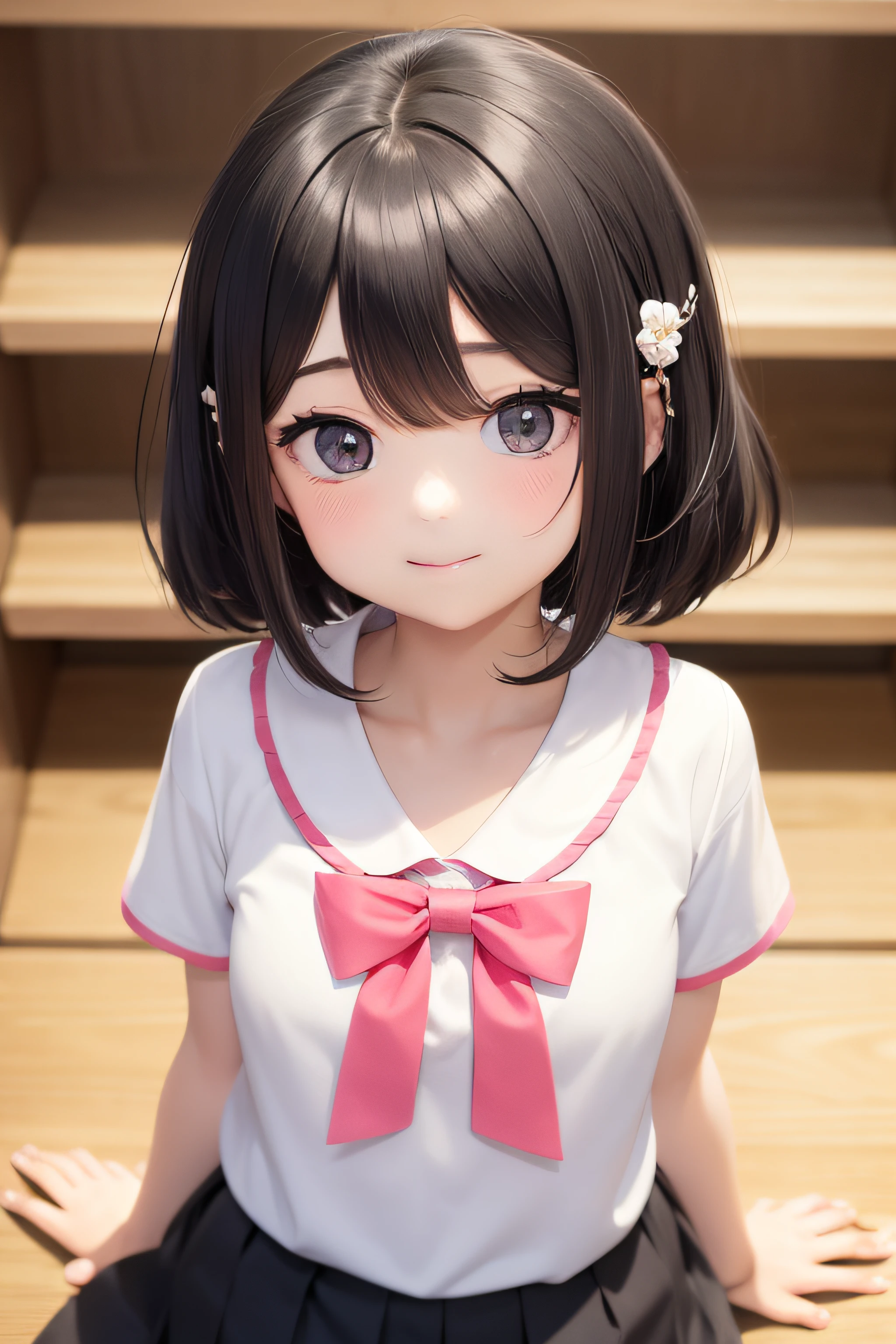 tmasterpiece,Best quality at best,hyper HD,Kizi,slim,((elementary student))),(Okami))),(short sleeved top),((Beautiful hair and beautiful big eyes))),ssmile,hight contrast,(Photorealsitic:1.4),looking at the camera in