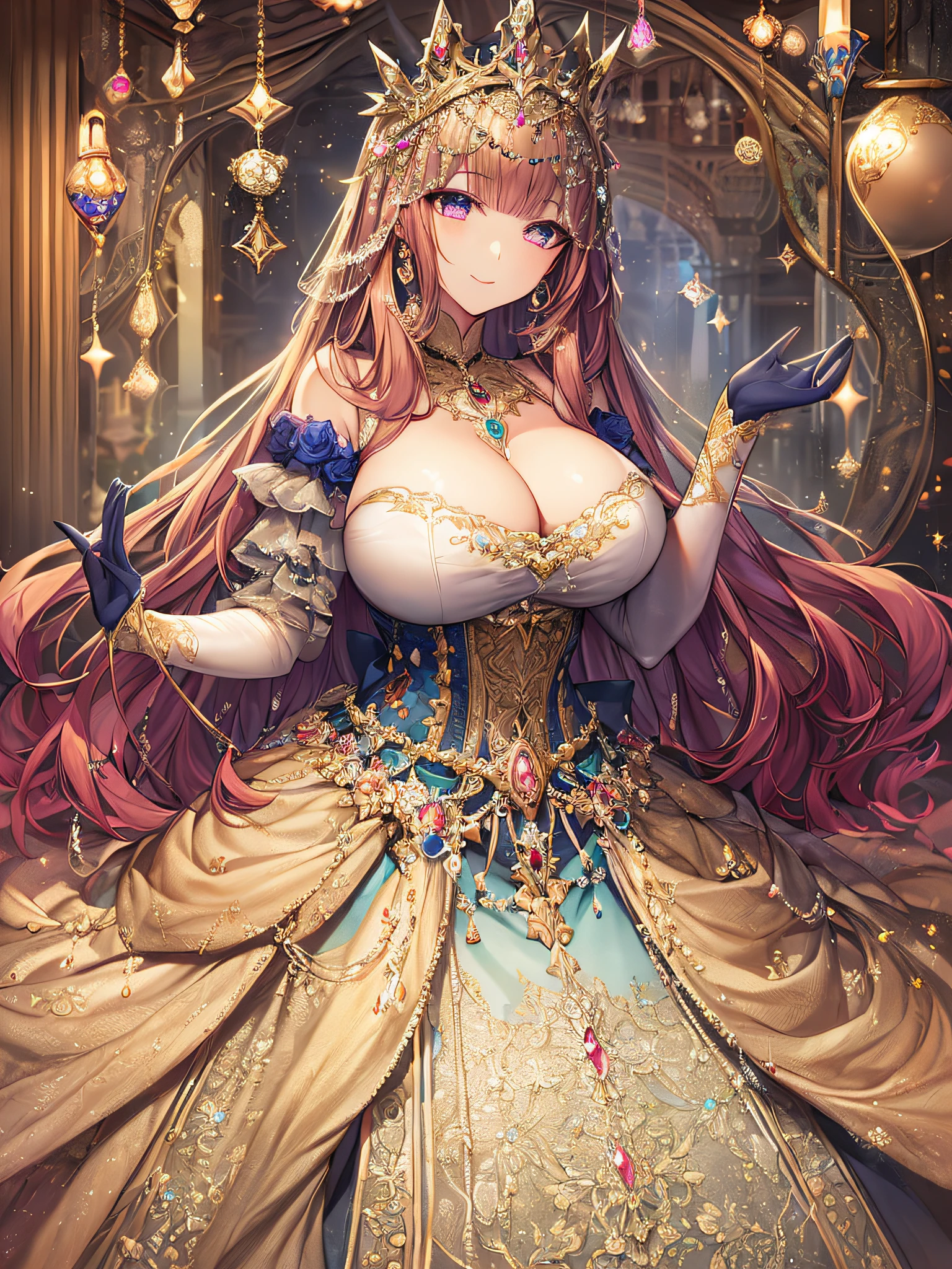 ((anime artstyle)),(Masterpiece),(Best Quality), (Super Detail),((Very Delicate and Beautiful)),((Solo)),((full body)),(((1 princess in beautiful embroidery and jeweled extremely gorgeous ball gown with voluminous skirt))),Gorgeous jewelry ornaments,detailed face and eyes,jewel-like eyes,(seductive smile),((extremely voluminous Very Long Hair,Straight Hair)),((extremely gigantic tits,Long tits)),curvy,skindentation,(gorgeousfull embroidery and lace),gorgeous corsage,See-through,extremely gorgeousfull hair ornament,extremely gorgeousfull glitter jeweled tiara,ornate ruffles,((full body)),((hoop skirt,crinoline)),Dynamic Angle,Looking at viewer,((beautiful embroidery and jeweled extremely gorgeous ball gown with voluminous skirt)),full body