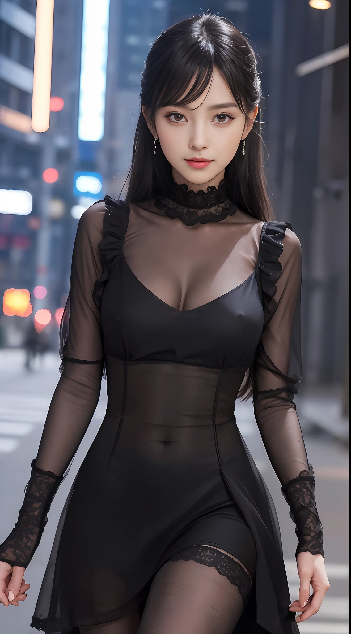 8k, masterpiece, RAW photo, best quality, photorealistic, extremely detailed CG unity 8k wallpaper, Depth of field,
Cinematic Light, Lens Flare, Ray tracing, (extremely beautiful face, beautiful lips, beautiful eyes), intricate detail face,
((ultra detailed skin)) 1girl, in the dark, deep shadow, pretty korean girl, kpop idol,(very slim slender fit-muscled body:1.3),
((looking at viewer)),(big smile:1.3), (tight midi dress), (shot sleeve) ,
(fashion city night, (neon sign), (big building), fashion street night),(no people), (without people in the background:1.3),
pretty korean girl, white diamond earrings, dia bracelets, dia necklace, pantyhose, clear eyes, walking ,
front shot, (pale skin), face forward, (big eyes), ((upper body shot)), ((silk Laced)), ((black color dress:1.3)),
(looking at viewer:1.3), (see through)