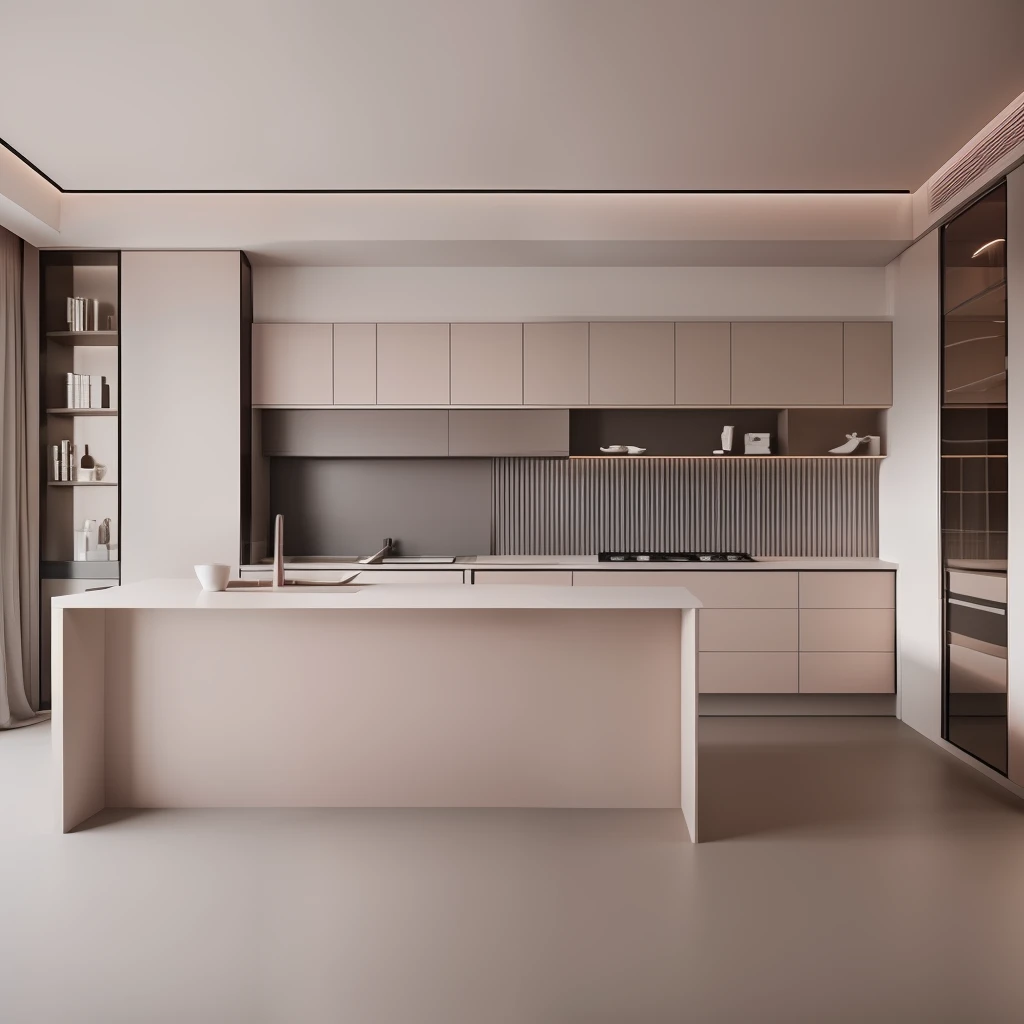 Obra-prima, alta qualidade, melhor qualidade, Genuine, super detalhe, minimalismo, interior,cozinha,cupboard, bancada, cozinha americana em MDF rosa infinito essencial, Planned furniture /(moderno/)