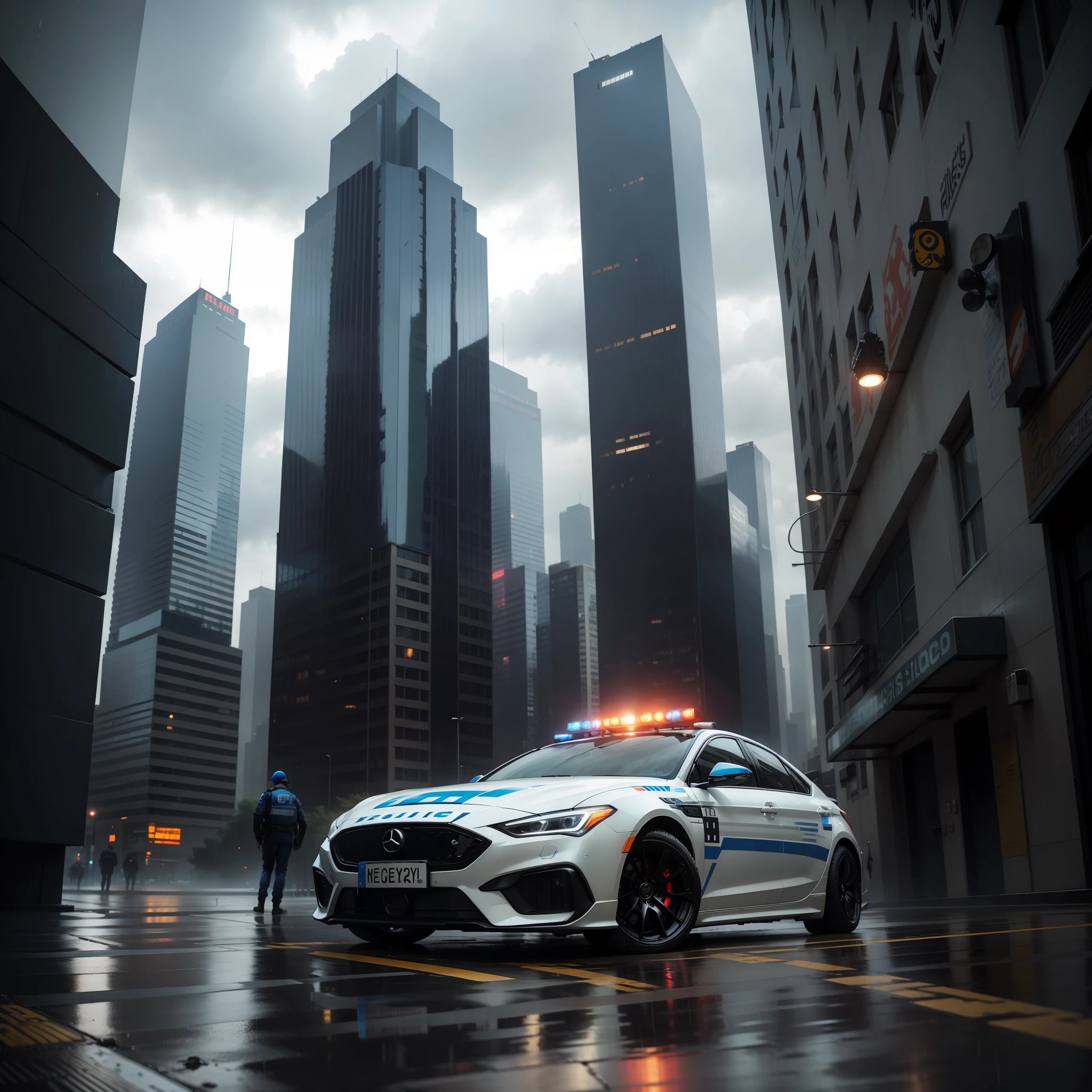 The police are well equipped，Blockade of high-rise buildings，Rainy weather in the morning，The ground reflects light，There are a large number of police cars，cyber punk style，There were onlookers