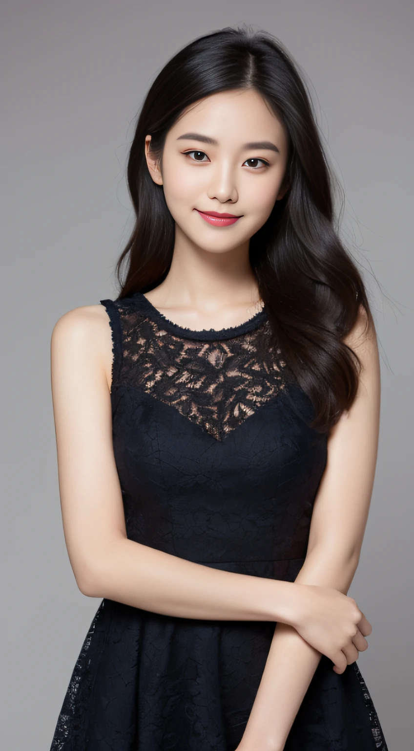 (Best quality, 8K, masterpiece:1.3)) , (one person: 1.4), 1girl, a Korean woman, a goddess, 25 years old, portrait photography, high contrast, God perspective, aperture F1.2, focal length 24mm, ( Full body: 1.2), smile, pose for photos, fine lace, slip dress, simple cut dress, brand dress, simple cut, long black hair, hair tied up, super detailed skin details, detailed fabric texture
