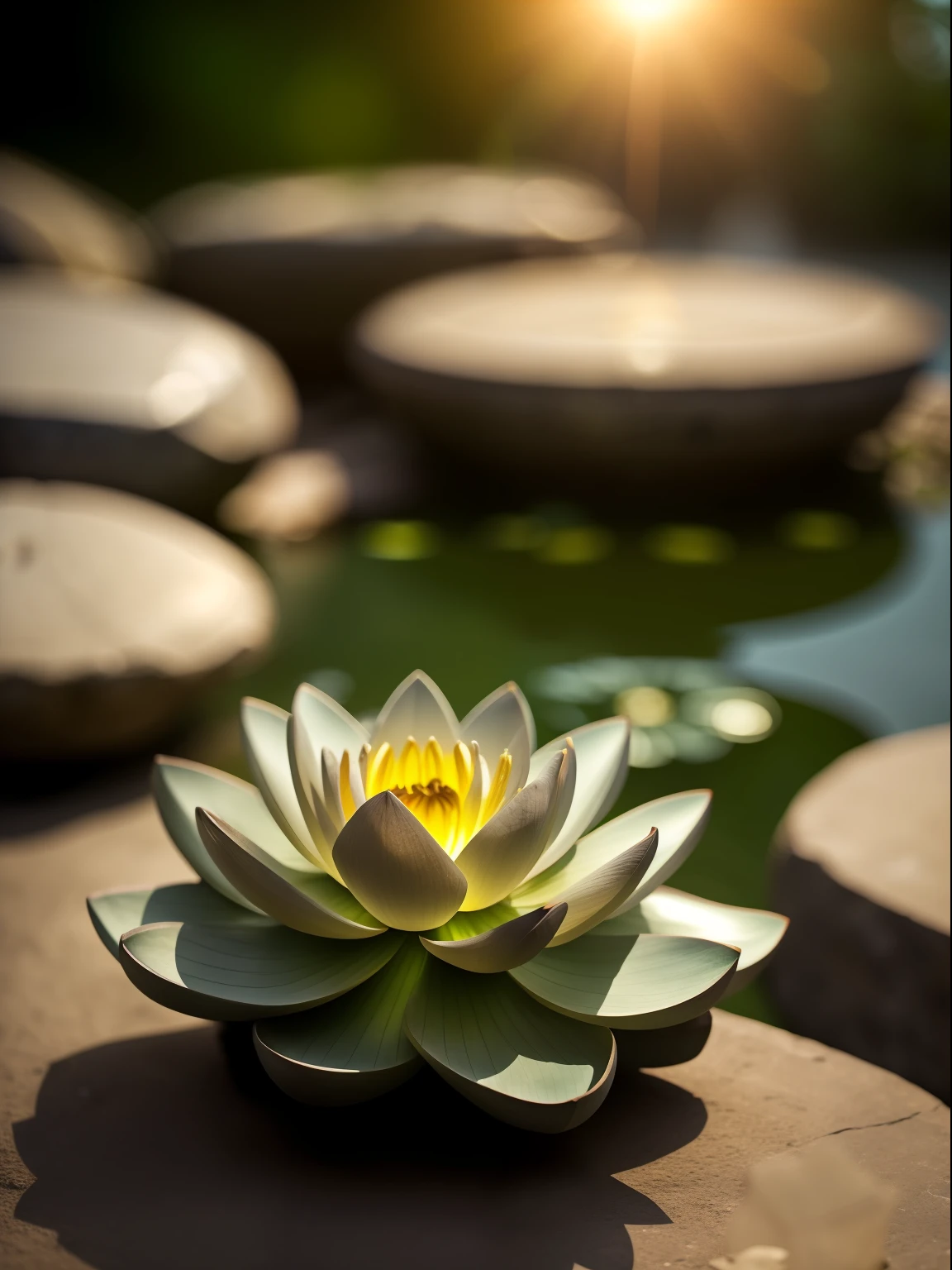 a stone lotus, hdr, ((complex detail, super detail)), cinematic footage, rich details, bokeh, sunsight behind,