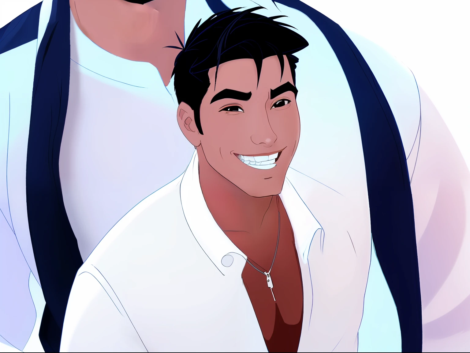 Man, , portrait, , detailed, high quality, cartoon, disney style masterpiece, best quality 1boy,walking male focus, solo, smile, , muscular male, short hair, looking at viewer, white shirt, upper body, jacket, white background, smile, open jacket, teeth, simple background, chain necklace,