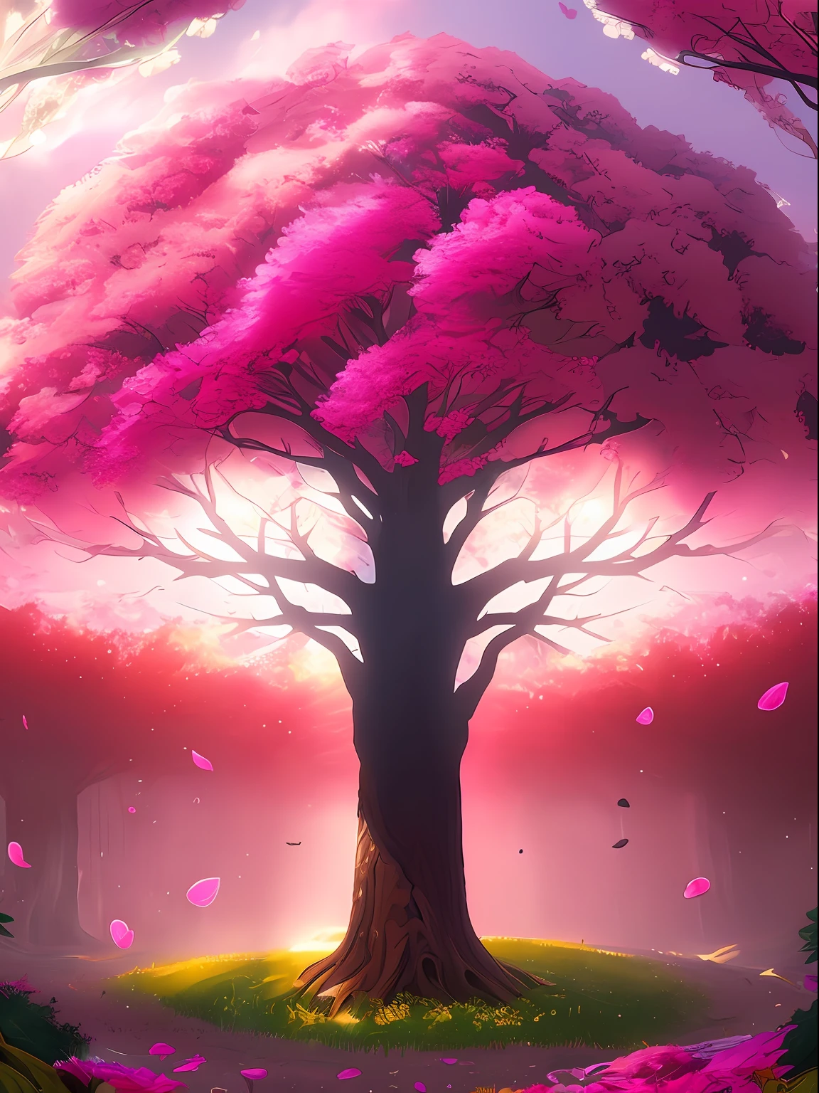 A painting of a tree with pink flowers in the middle of a forest, Bosque de cerezos en flor, fantasy tree, magic tree, Detailed trees in bloom, Cerezo en flor, Cerezo en flor, breath-taking beautiful trees, breath - taking beautiful trees, Great magical trees, Anime Lush John 8K Woods, Arte detallado de alta calidad 8K, A beautiful tree