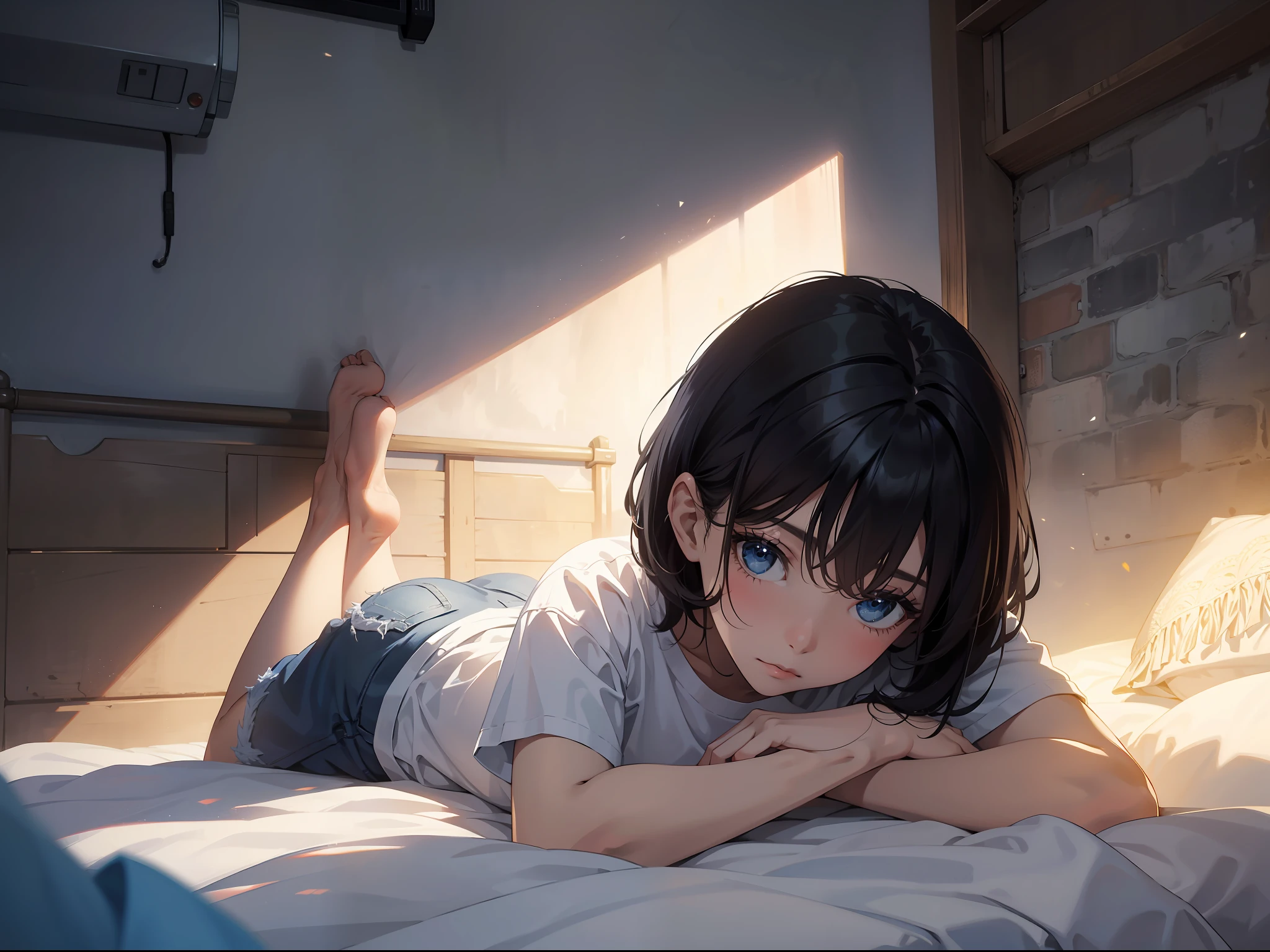 Masterpiece, Best quality,1girll,Lie down in bed，with short black hair，Realisticstyle,White T-shirt，blue denim pants，Air conditioning on the wall，Background with：Inside the staff dormitory，