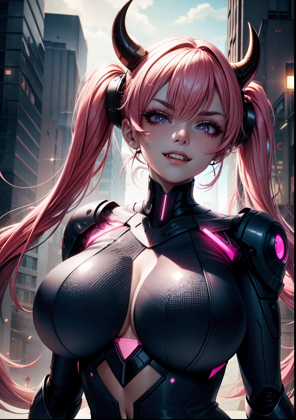 4k, twin tails ,Lens flare, pink hair ,mascara, eyeliner, god rays, 4k, 8k, best quality, masterpiece, hyper detailed, intricate detail, 1girl, solo, detailed, Detailed fuschia hair ++, detailed pink eyes ++,  raytracing, perfect shadow, highres, enhanced eyes,  huge breasts, horns,   evil grin, narrow eyebrows, seductive, fangs, hyper detailed, interesting background, , detailed face, detailed clothing. volumptuous, colourful background, futuristic setting, ai, cyberwear, robot, in the city, cyber suit, dominant, heart detail around cleavedge, neon lights