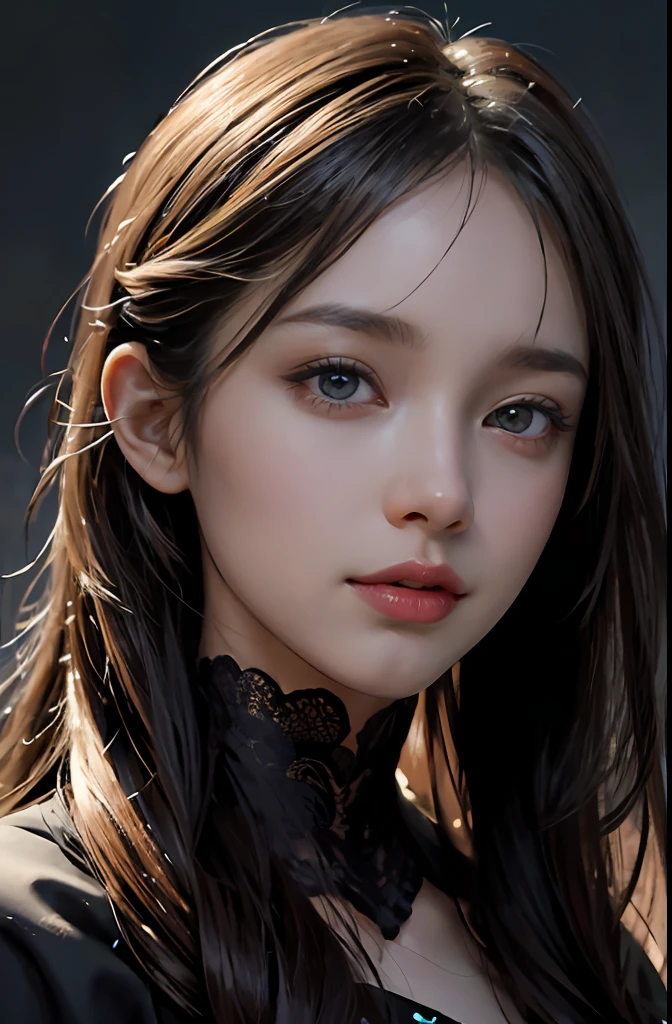 (Ultra Realistic), (Illustration), (Increased Resolution), (8K), (Extremely Detailed), (Best Illustration), (Beautiful and Detailed Eyes), (Best Quality), (Ultra Detailed), (Masterpiece ), ( wallpaper), (detailed face), solo, 1 girl, looking at viewer, fine details, detailed face, in the dark, deep shadows, low key, pureerosfaceace_v1, smiling, long hair, black shawl straight hair , 46 points oblique bangs