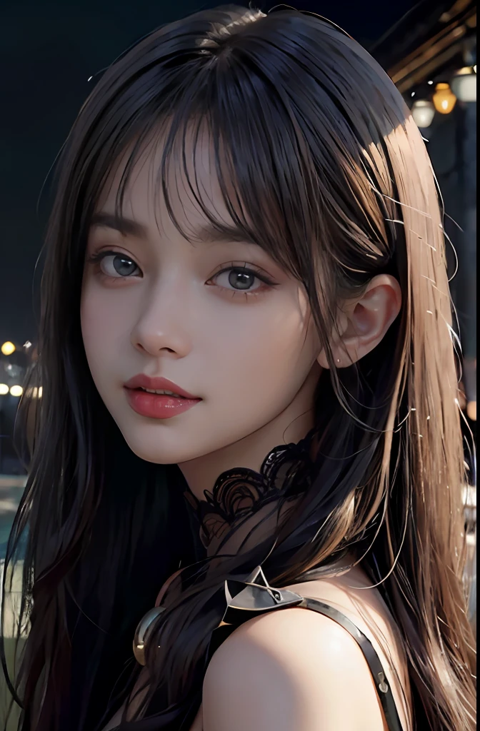 (Ultra Realistic), (Illustration), (Increased Resolution), (8K), (Extremely Detailed), (Best Illustration), (Beautiful and Detailed Eyes), (Best Quality), (Ultra Detailed), (Masterpiece ), ( wallpaper), (detailed face), solo, 1 girl, looking at viewer, fine details, detailed face, in the dark, deep shadows, low key, pureerosfaceace_v1, smiling, long hair, black shawl straight hair , 46 points oblique bangs