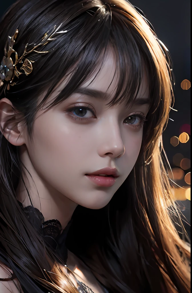 (Ultra Realistic), (Illustration), (Increased Resolution), (8K), (Extremely Detailed), (Best Illustration), (Beautiful and Detailed Eyes), (Best Quality), (Ultra Detailed), (Masterpiece ), ( wallpaper), (detailed face), solo, 1 girl, looking at viewer, fine details, detailed face, in the dark, deep shadows, low key, pureerosfaceace_v1, smiling, long hair, black shawl straight hair , 46 points oblique bangs