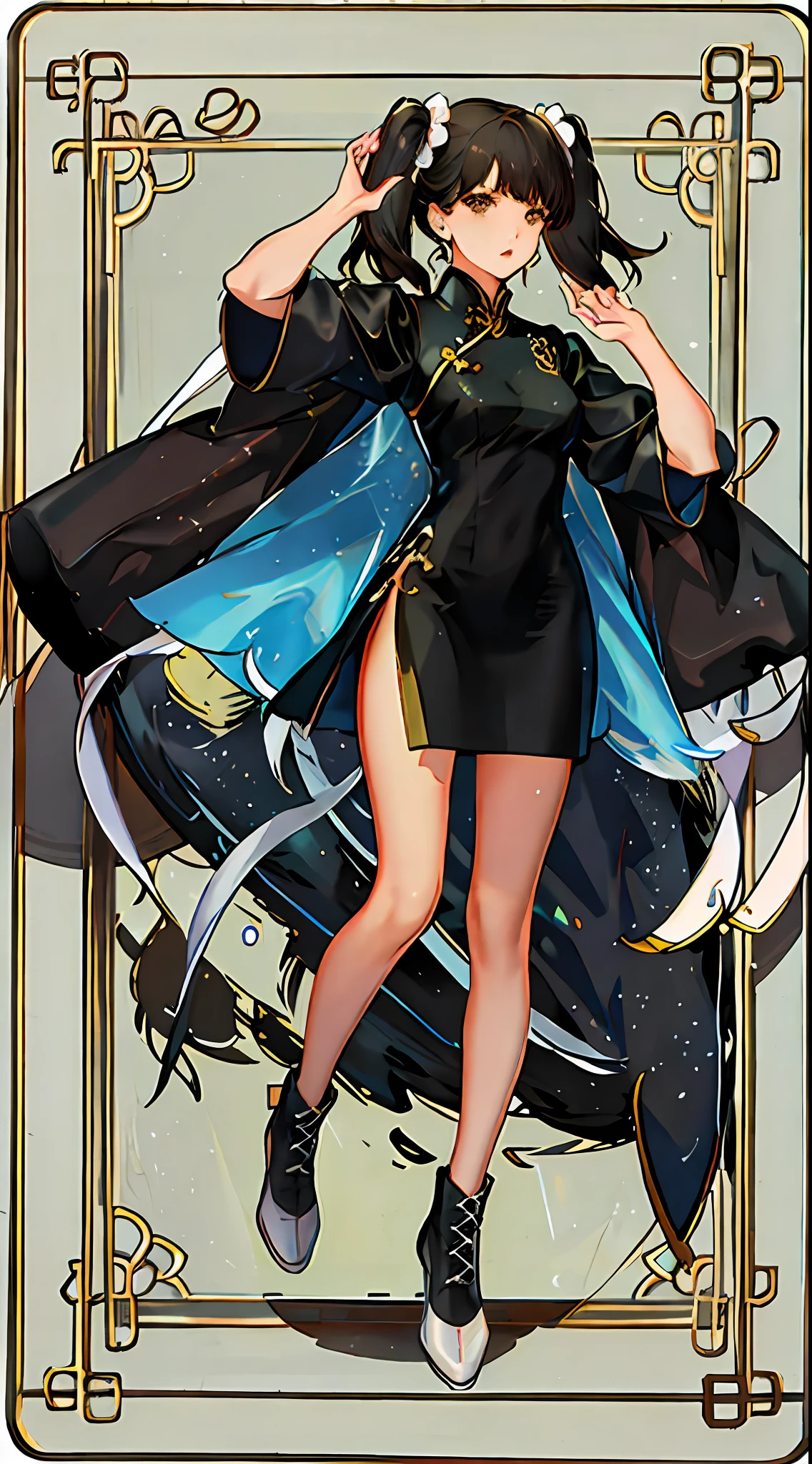 girl, full body, (face detail: 1.2),masterpiece,fashion,cheongsam,,medium hair,black hair,twin tails,blunt bangs,brown eyes,