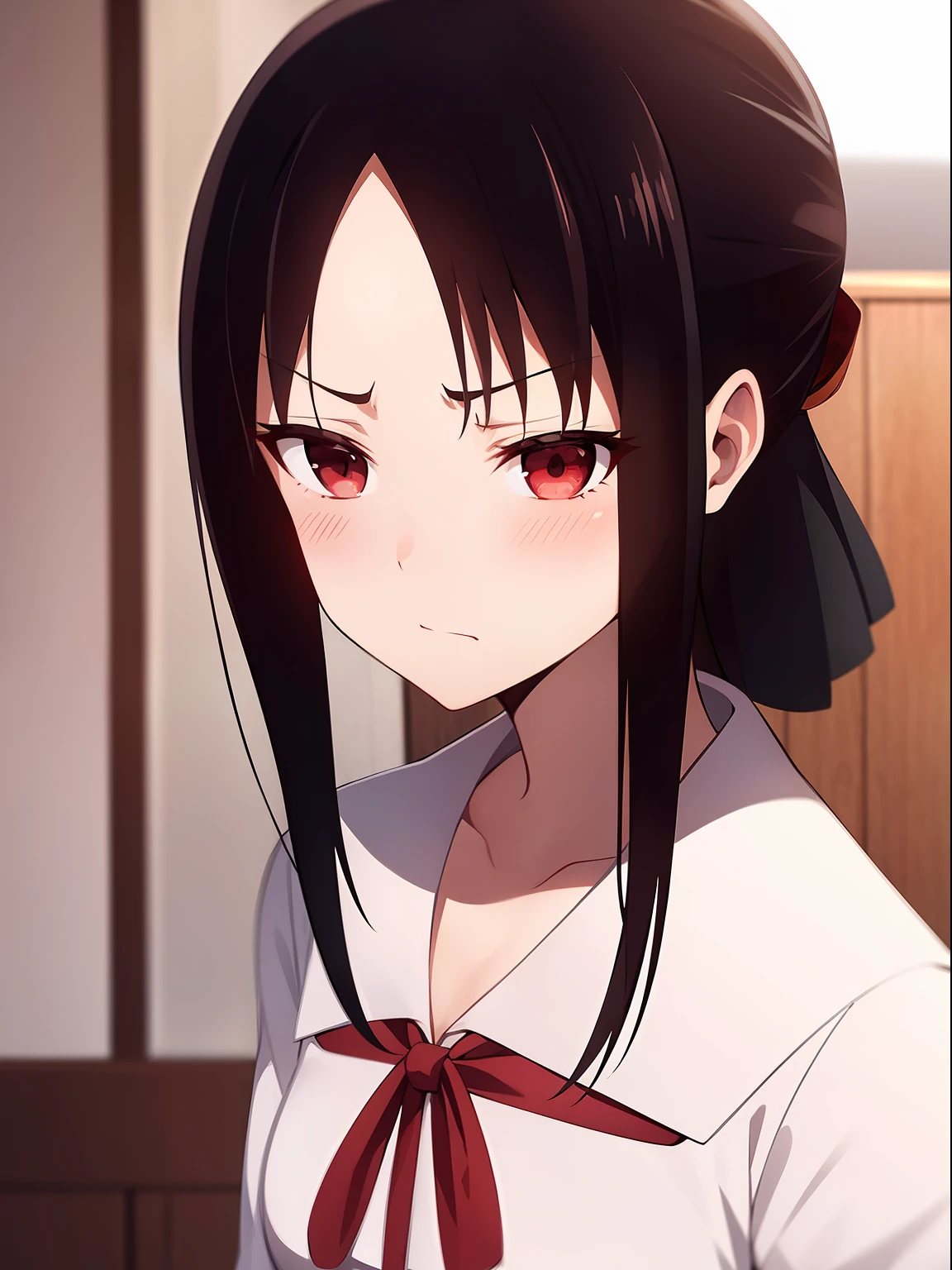 Anime girl with long black hair and red eyes in a white shirt - SeaArt AI