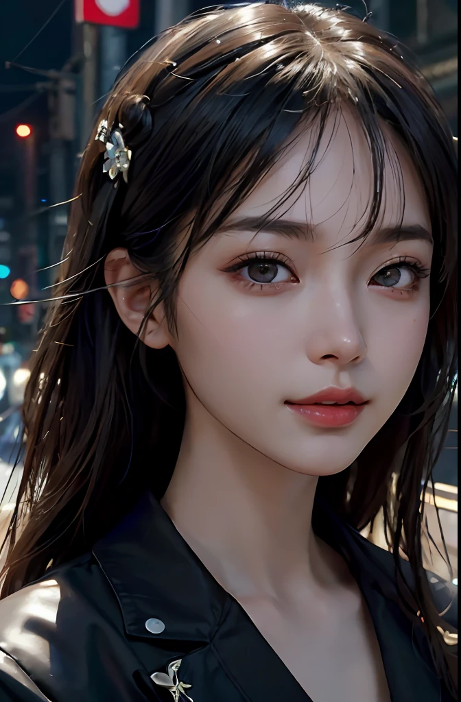 Masterpiece, 1 Beautiful Girl, Detailed, Swollen Eyes, Best Quality, Ultra High Resolution, (Reality: 1.4), Original Photo, 1Girl, Cinematic Lighting, Smiling, Japanese, Asian Beauty, Korean, Neat, Very Beautiful, Slightly Young Face, Beautiful Skin, Slender, Cyberpunk Background, (ultra realistic), (illustration), (high resolution), (8K), (very detailed), (best illustration), (beautifully detailed eyes), (super detailed), (wallpaper), (detailed face), viewer looking, fine details, detailed face, deep shadow, low key, pureerosfaceace_v1, smile, 46 point slanted bangs, facing straight ahead, neat clothes, black colored eyes,