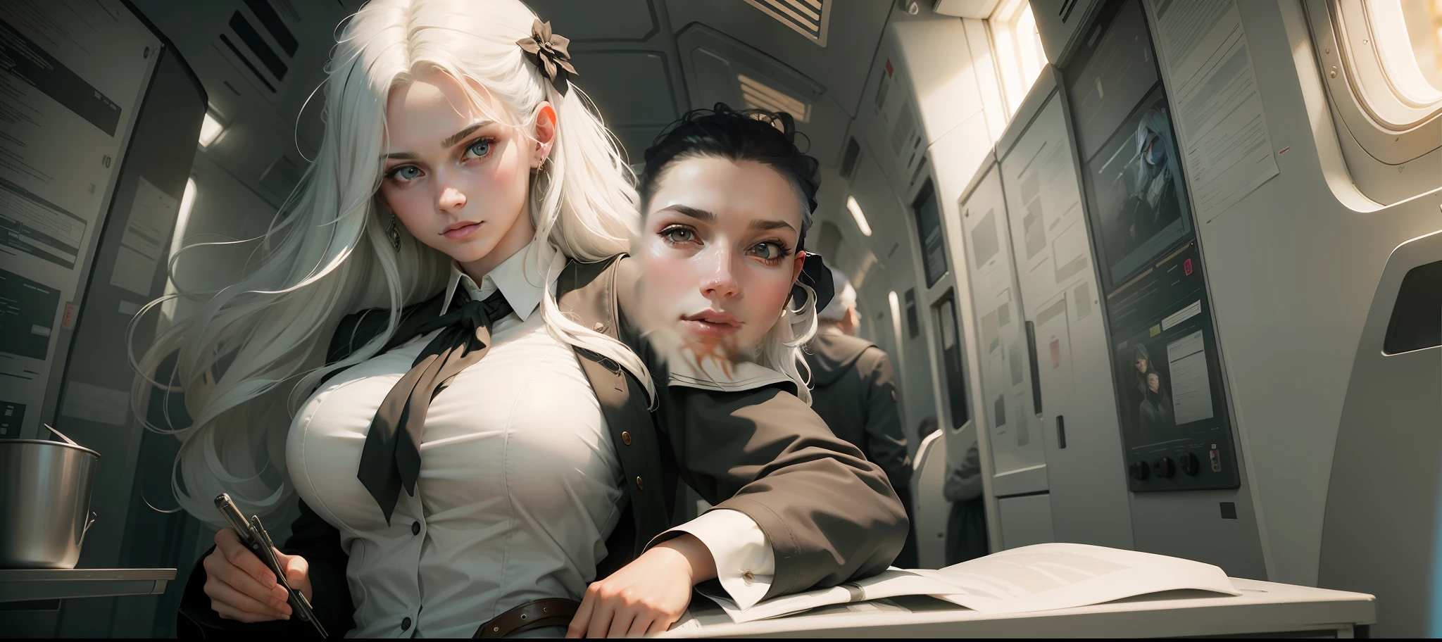 (In the Dark: 1.6), surreal female portrait by David Hockney and Alphonse Mucha, fantasy art, photorealism, dynamic lighting, artstation, poster, volumetric lighting, very detailed faces, 4k, Award Winning, 1girl, In Dark, Deep Shadow, Low Key, Cowboy Shot, (Stewardess Uniform: 1.4), Long Hair, White Hair, Bust, Terminal, Medium Boobs