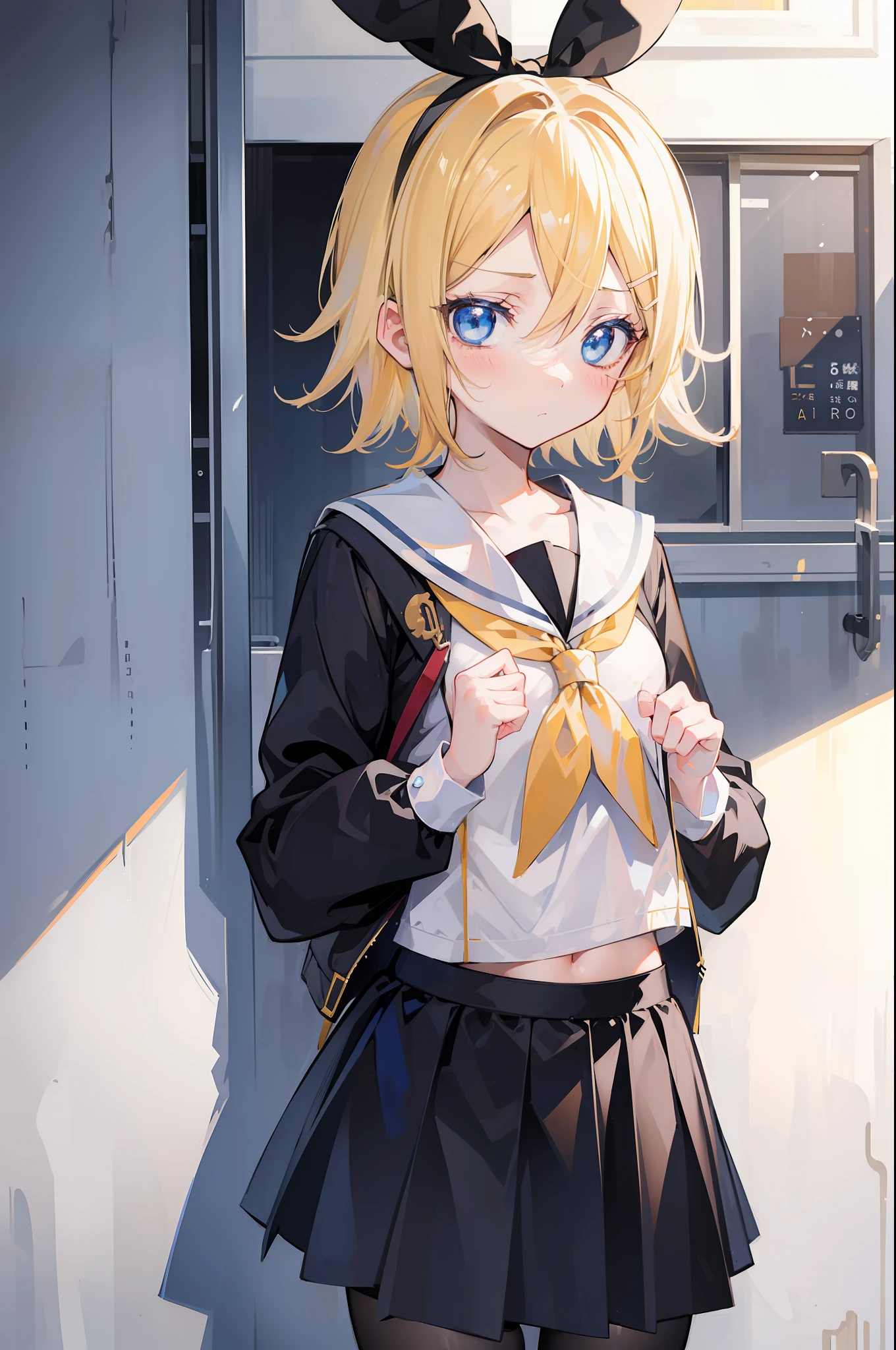 one girl, (Kagamine_Rin), blue eyes, blond hair, short hair, cute face, beautiful eyes, flat chest, sailor uniform, black skirt, standing, cowboy shot, look at you, she loves you, blush, shy, outdoor, your girlfriend