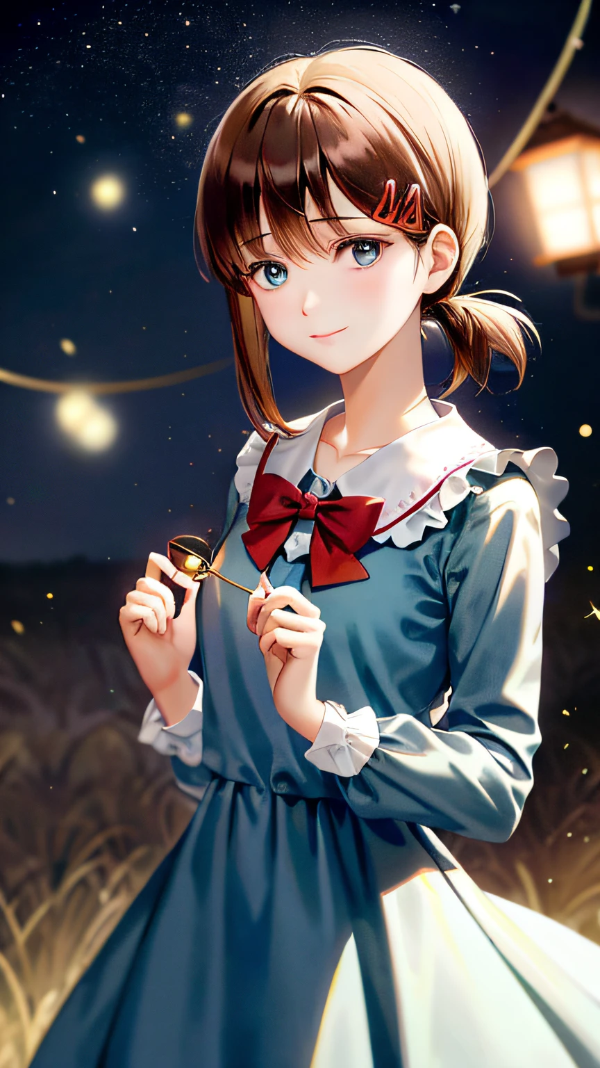 (extremely delicate and beautiful: 1.2), 1girl, bangs, blue eyes, blur, blur background, bow, brown hair, shut up, side view, hair between eyes, hair bow, lantern, light particles, long sleeves, look looking at audience, medium hair, night, red bow, solo, stars\(symbol\), upper body, smile, red lips