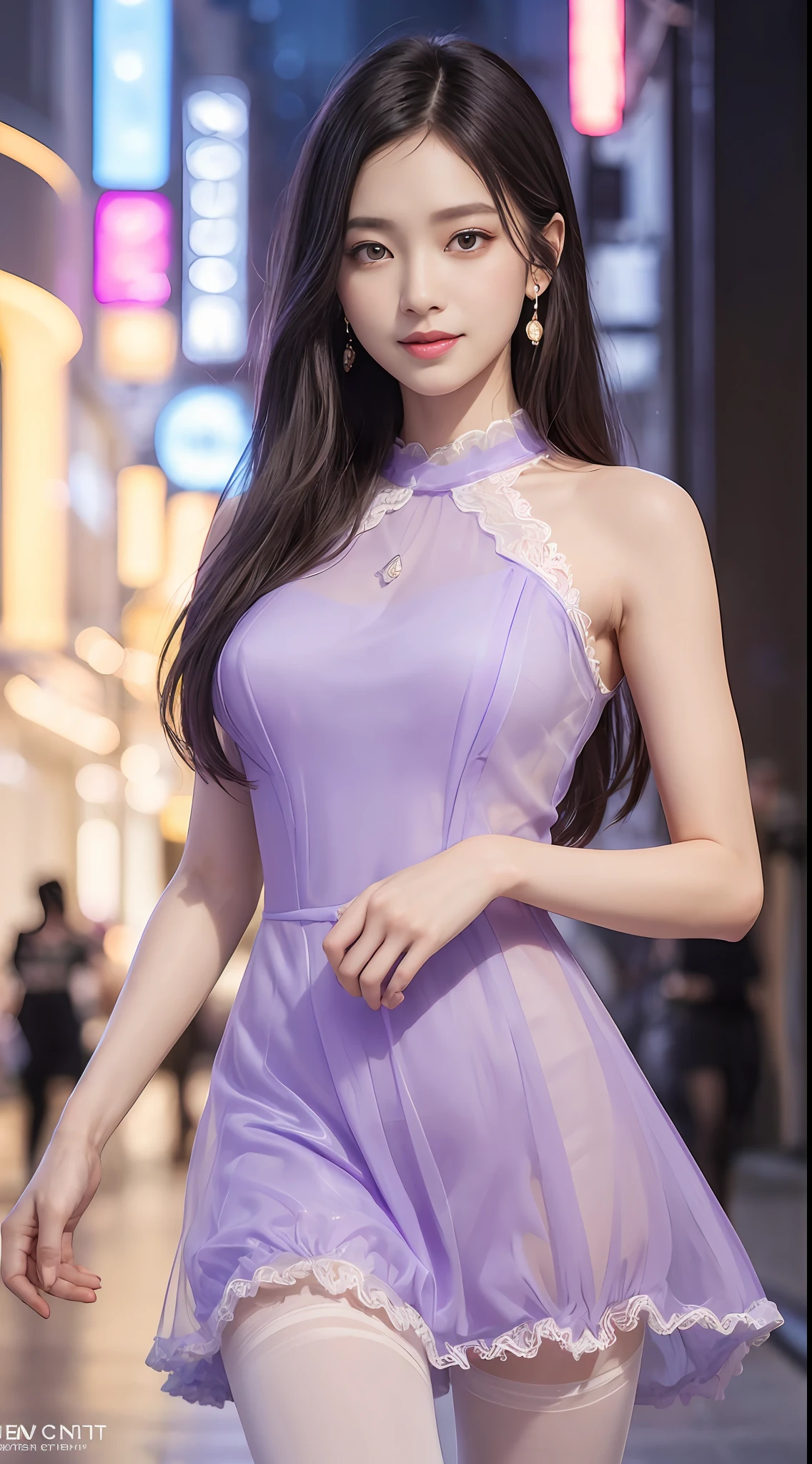 8k, masterpiece, RAW photo, best quality, photorealistic, extremely detailed CG unity 8k wallpaper, Depth of field, 
Cinematic Light, Lens Flare, Ray tracing, (extremely beautiful face, beautiful lips, beautiful eyes), intricate detail face, 
((ultra detailed skin)) 1girl, in the dark, deep shadow, pretty korean girl, kpop idol,(very slim slender fit-muscled body:1.3), 
((looking at viewer)),(big smile:1.3), (tight midi dress), (shot sleeve) , 
(fashion city night, (neon sign), (big building), fashion street night),(no people), (without people in the background:1.3), 
pretty korean girl, white diamond earrings, dia bracelets, dia necklace, pantyhose, clear eyes, walking , 
front shot, (pale skin), face forward, (big eyes), ((upper body shot)), ((silk Laced)), ((lavender color dress:1.3)), 
(looking at viewer:1.3), (see through)