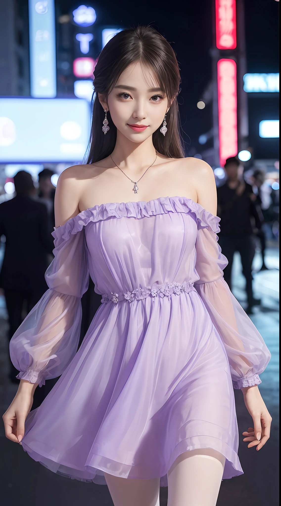8k, masterpiece, RAW photo, best quality, photorealistic, extremely detailed CG unity 8k wallpaper, Depth of field,
Cinematic Light, Lens Flare, Ray tracing, (extremely beautiful face, beautiful lips, beautiful eyes), intricate detail face,
((ultra detailed skin)) 1girl, in the dark, deep shadow, pretty korean girl, kpop idol,(very slim slender fit-muscled body:1.3),
((looking at viewer)),(big smile:1.3), (tight midi dress), (shot sleeve) ,
(fashion city night, (neon sign), (big building), fashion street night),(no people), (without people in the background:1.3),
pretty korean girl, white diamond earrings, dia bracelets, dia necklace, pantyhose, clear eyes, walking ,
front shot, (pale skin), face forward, (big eyes), ((upper body shot)), ((silk Laced)), ((lavender color dress:1.3)),
(looking at viewer:1.3), (see through)