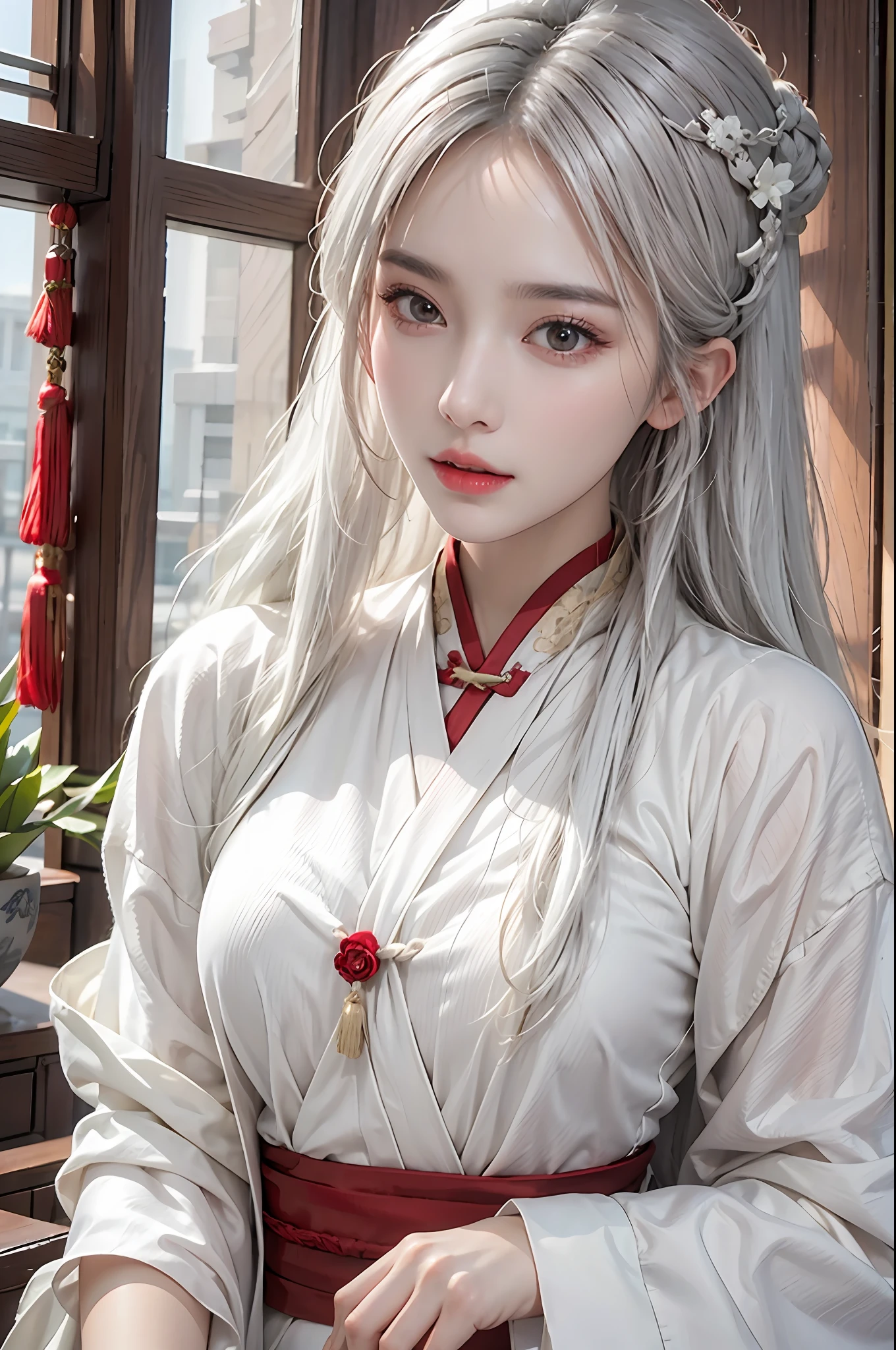 photorealistic, high resolution, soft lights, 1women, shiny skin, finely detailed skin, solo, hips up, look at viewer, (detailed face), white hair, long hair, red chinese wedding hanfu