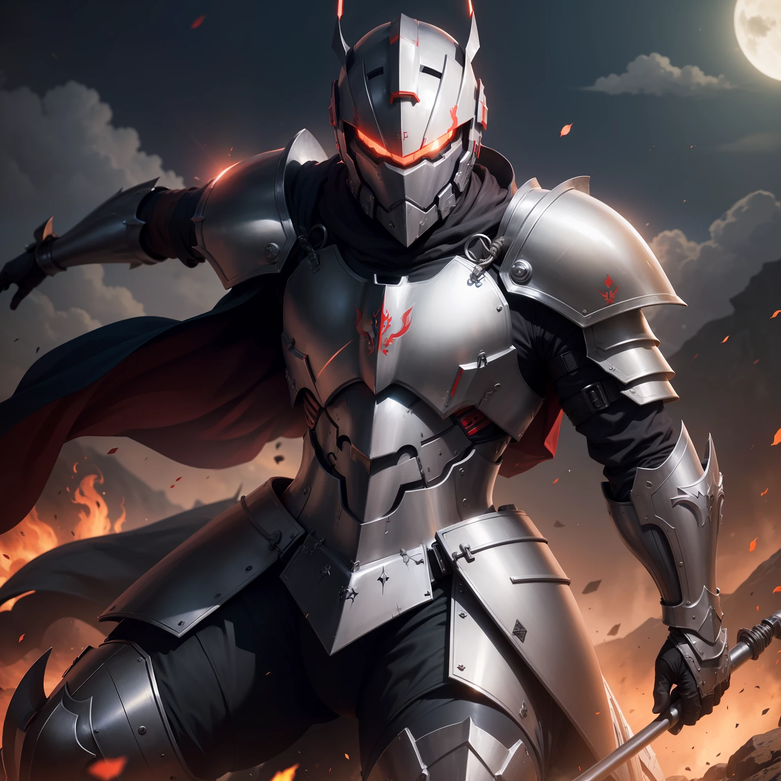 (1 man), (Dressed in armor:1.2), (cavalry), (the night), (battlefiled), (fight the enemy),(steed),(Hakuba),(bloods)Halo effects