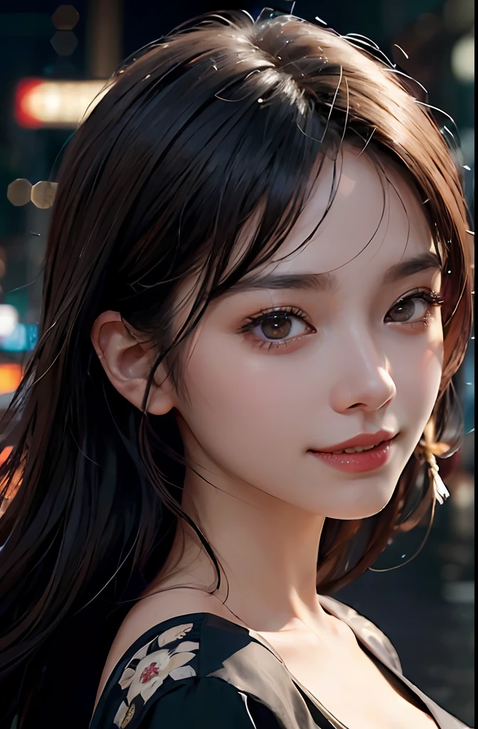 Masterpiece, 1 Beautiful Girl, Detailed, Swollen Eyes, Best Quality, Ultra High Resolution, (Reality: 1.4), Original Photo, 1Girl, Cinematic Lighting, Smiling, Japanese, Asian Beauty, Korean, Neat, Very Beautiful, Slightly Young Face, Beautiful Skin, Slender, Cyberpunk Background, (ultra realistic), (illustration), (high resolution), (8K), (very detailed), (best illustration), (beautifully detailed eyes), (super detailed), (wallpaper), (detailed face), viewer looking, fine details, detailed face, deep shadow, low key, pureerosfaceace_v1, smile, 46 point slanted bangs, facing straight ahead, neat clothes, black colored eyes,