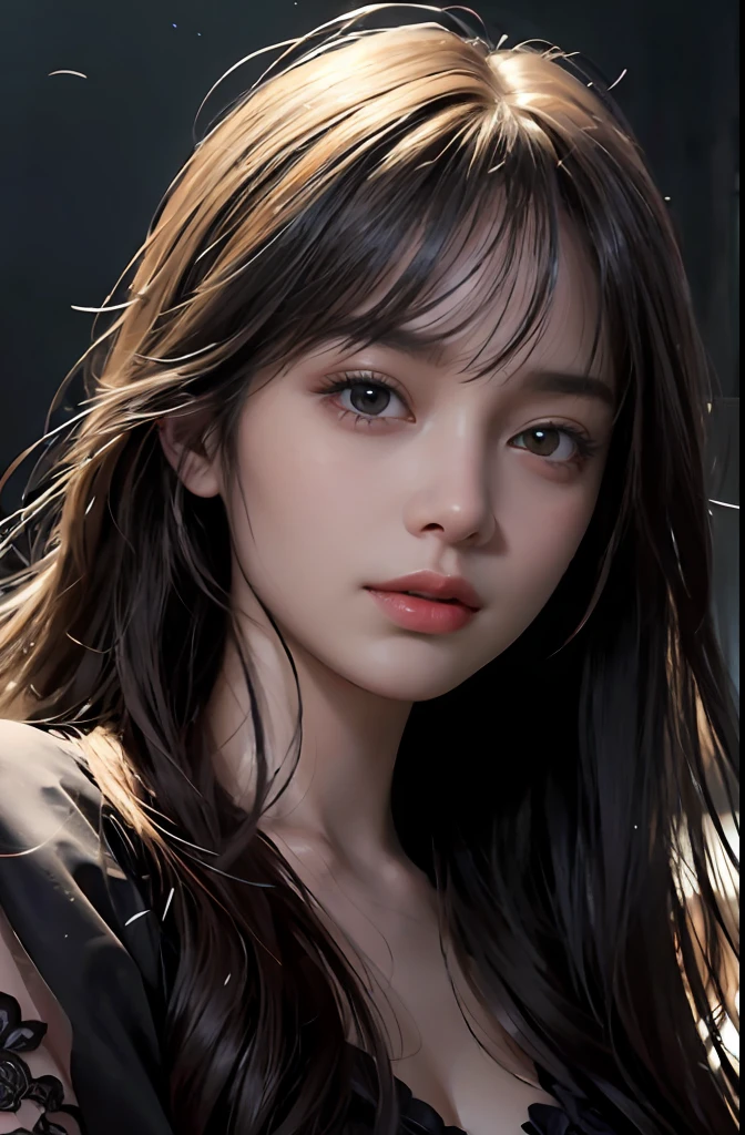 (Ultra Realistic), (Illustration), (Increased Resolution), (8K), (Extremely Detailed), (Best Illustration), (Beautiful and Detailed Eyes), (Best Quality), (Ultra Detailed), (Masterpiece ), ( wallpaper), (detailed face), solo, 1 girl, looking at viewer, fine details, detailed face, in the dark, deep shadows, low key, pureerosfaceace_v1, smiling, long hair, black shawl straight hair , 46 points oblique bangs