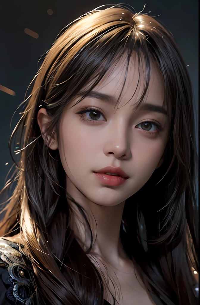 (Ultra Realistic), (Illustration), (Increased Resolution), (8K), (Extremely Detailed), (Best Illustration), (Beautiful and Detailed Eyes), (Best Quality), (Ultra Detailed), (Masterpiece ), ( wallpaper), (detailed face), solo, 1 girl, looking at viewer, fine details, detailed face, in the dark, deep shadows, low key, pureerosfaceace_v1, smiling, long hair, black shawl straight hair , 46 points oblique bangs