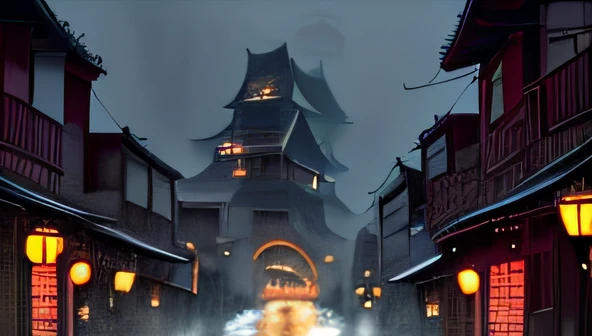 arafed view of a village with a lot of lights on the buildings, dreamy chinese town, chinese village, amazing wallpaper, japanese town, japanese village, hyper realistic photo of a town, old asian village, japanese city, by Raymond Han, rainy evening, cyberpunk chinese ancient castle, beautifully lit buildings, at evening during rain, beautiful and aesthetic, photography, cinematic, 8k, high detailed ((Heavy rain)))
