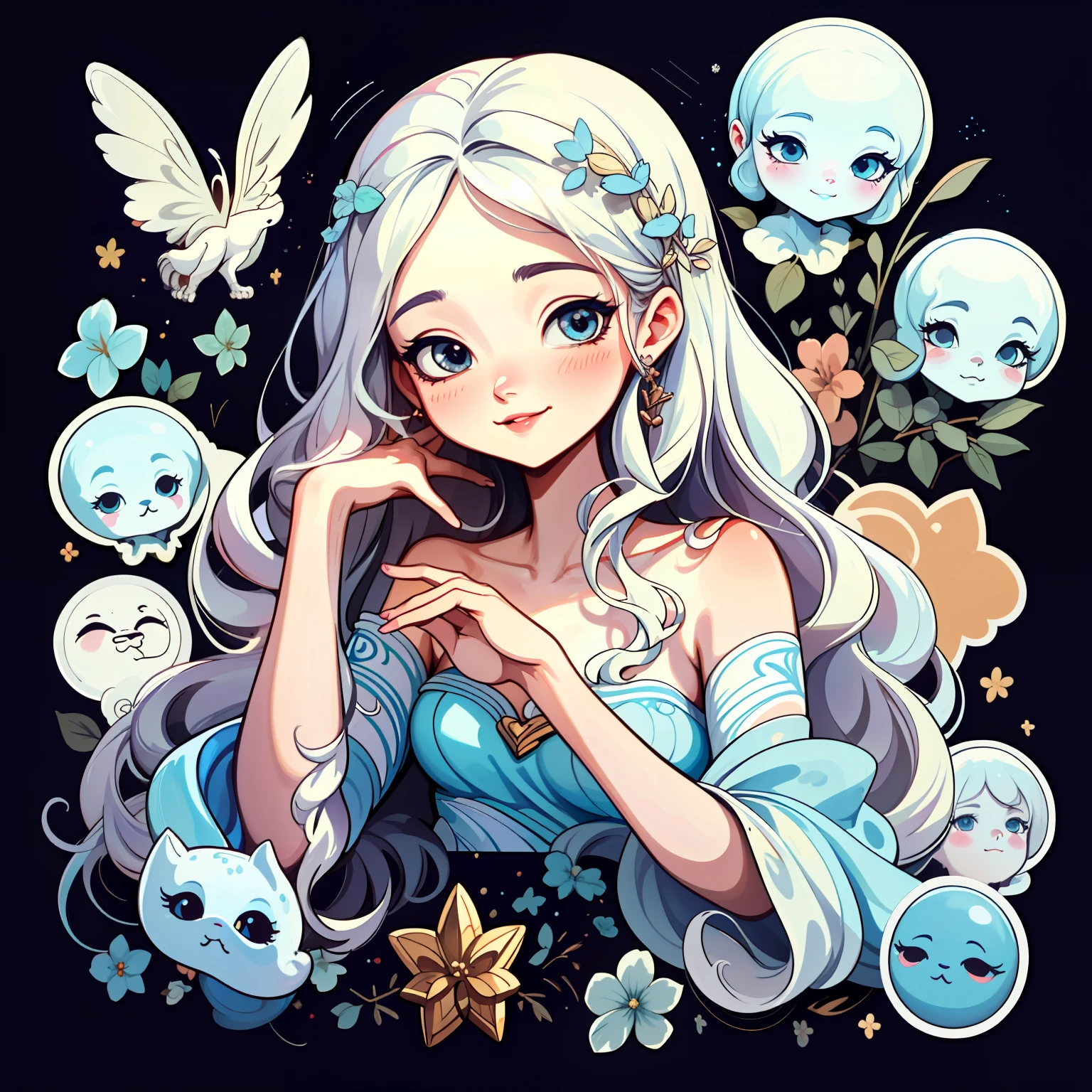 Adhesive,1girll, simple backgound, sportrait, Girl with long hair, Smiling girl, Beautiful Aphrodite girl,Hand to heart status quo， Aphrodite aesthetics, Beautiful girl, very beautiful fantasy art, Beautiful and elegant female Aphrodite, beautiful detailed fantasy, , white theme