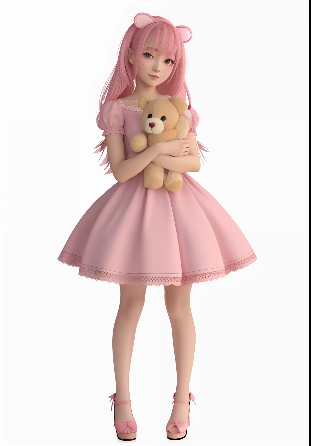 Anime girl in pink dress holding teddy bear in hand, render of a cute 3d anime girl, render of april, loli in dress, small curvy loli, Cute anime waifu in a nice dress, sayori, Anime girl named Lucy, photorealistic anime girl render, Anime visuals of cute girls, kinomoto sakura, Lori