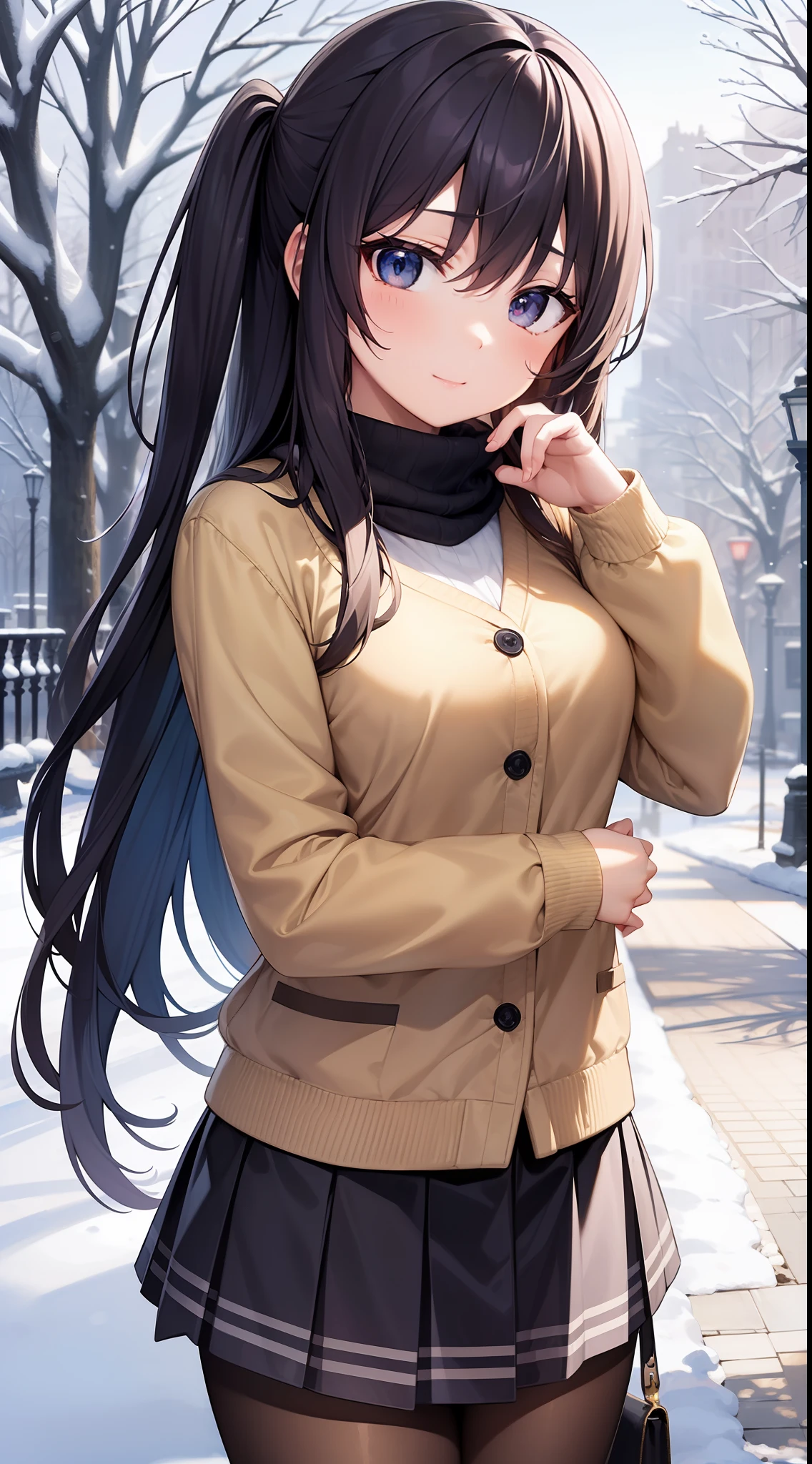 Masterpiece、hight resolution、1girl in、Cute anime illustration、muffler、a miniskirt、Powder snow、