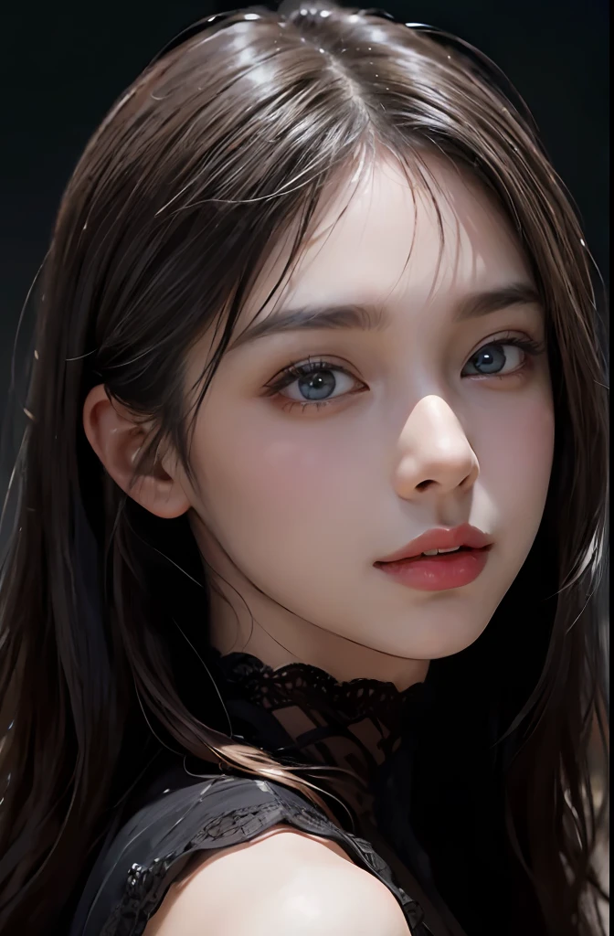 (Ultra Realistic), (Illustration), (Increased Resolution), (8K), (Extremely Detailed), (Best Illustration), (Beautiful and Detailed Eyes), (Best Quality), (Ultra Detailed), (Masterpiece ), ( wallpaper), (detailed face), solo, 1 girl, looking at viewer, fine details, detailed face, in the dark, deep shadows, low key, pureerosfaceace_v1, smiling, long hair, black shawl straight hair , 46 points oblique bangs