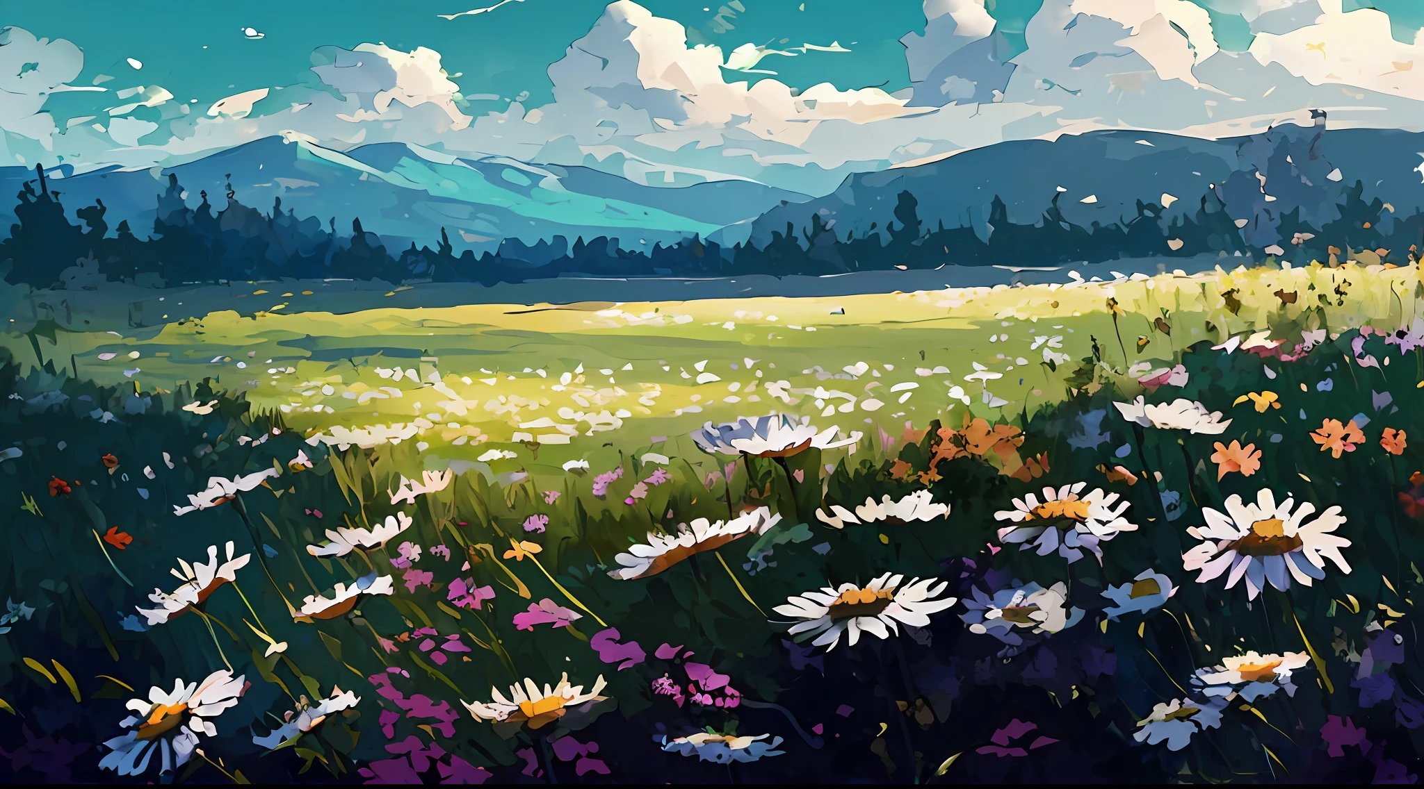 um campo de flores com montanhas no fundo, Campo de flores, paisagem pintada, pintura digital de alta qualidade, scenery artwork, paisagem campestre anime, pintura digital detalhada, Campo de flores, campos de flores, digital landscape art, scenery art detailed, estilo de pintura digital, prado com flores, Campo de flores de fantasia, summer meadow, pintura digital altamente detalhada, Prado ensolarado