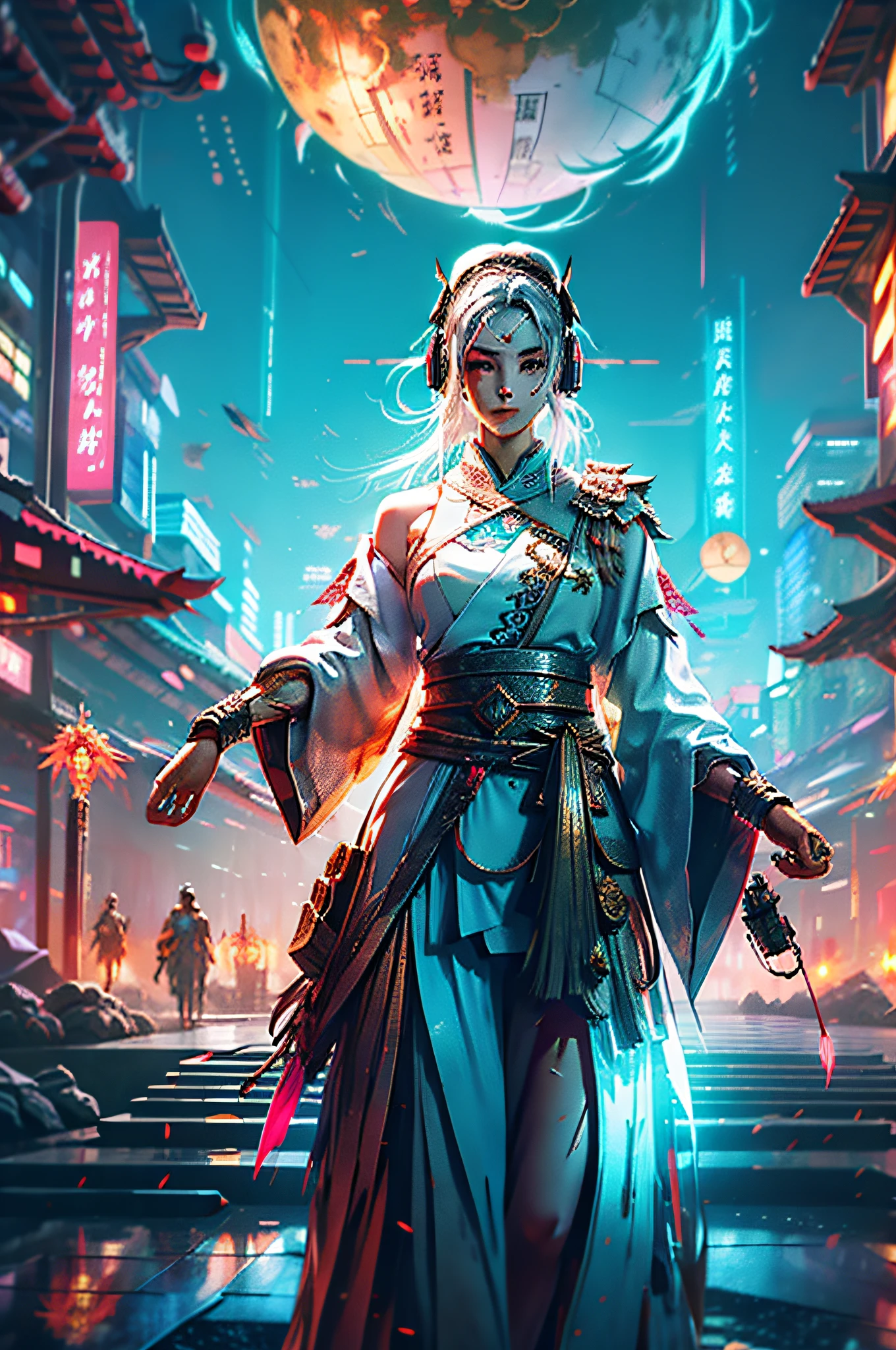 1 girl, Chinese_clothes, liquid silver and pink, cyberhan, cheongsam, cyberpunk city, dynamic pose, glowing headphones, glowing hair accessories, long hair, glowing earrings, glowing necklace, cyberpunk, high-tech city, full of mechanical and futuristic elements, futuristic, technology, glowing neon, pink, pink light, transparent tulle, transparent streamers, laser, digital background urban sky, big moon, with vehicles, best quality, masterpiece, 8K, character edge light, Super high detail, high quality, the most beautiful woman in human beings, smiling slightly, face facing front and left and right symmetry, ear decoration, beautiful pupil light effects, visual data, silver-white hair, hair is not messy, long hair over the waist, luminous electronic watch, deep eyes, happy, English doodling