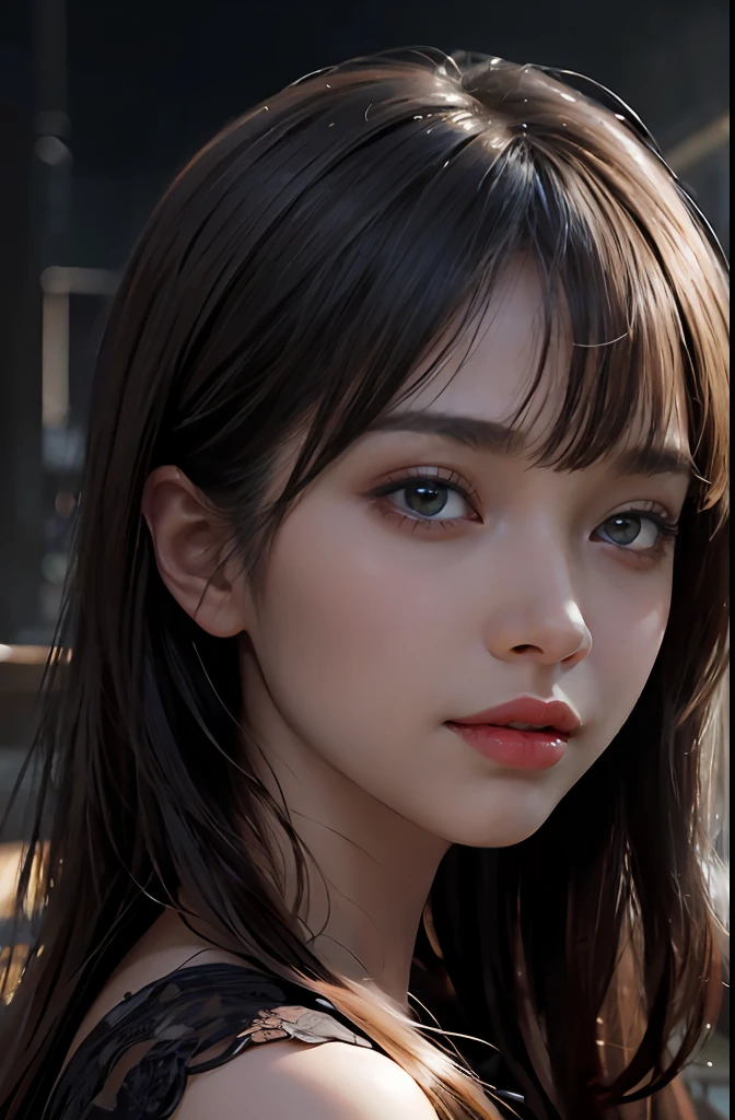 (Ultra Realistic), (Illustration), (Increased Resolution), (8K), (Extremely Detailed), (Best Illustration), (Beautiful and Detailed Eyes), (Best Quality), (Ultra Detailed), (Masterpiece ), ( wallpaper), (detailed face), solo, 1 girl, looking at viewer, fine details, detailed face, in the dark, deep shadows, low key, pureerosfaceace_v1, smiling, long hair, black shawl straight hair , 46 points oblique bangs