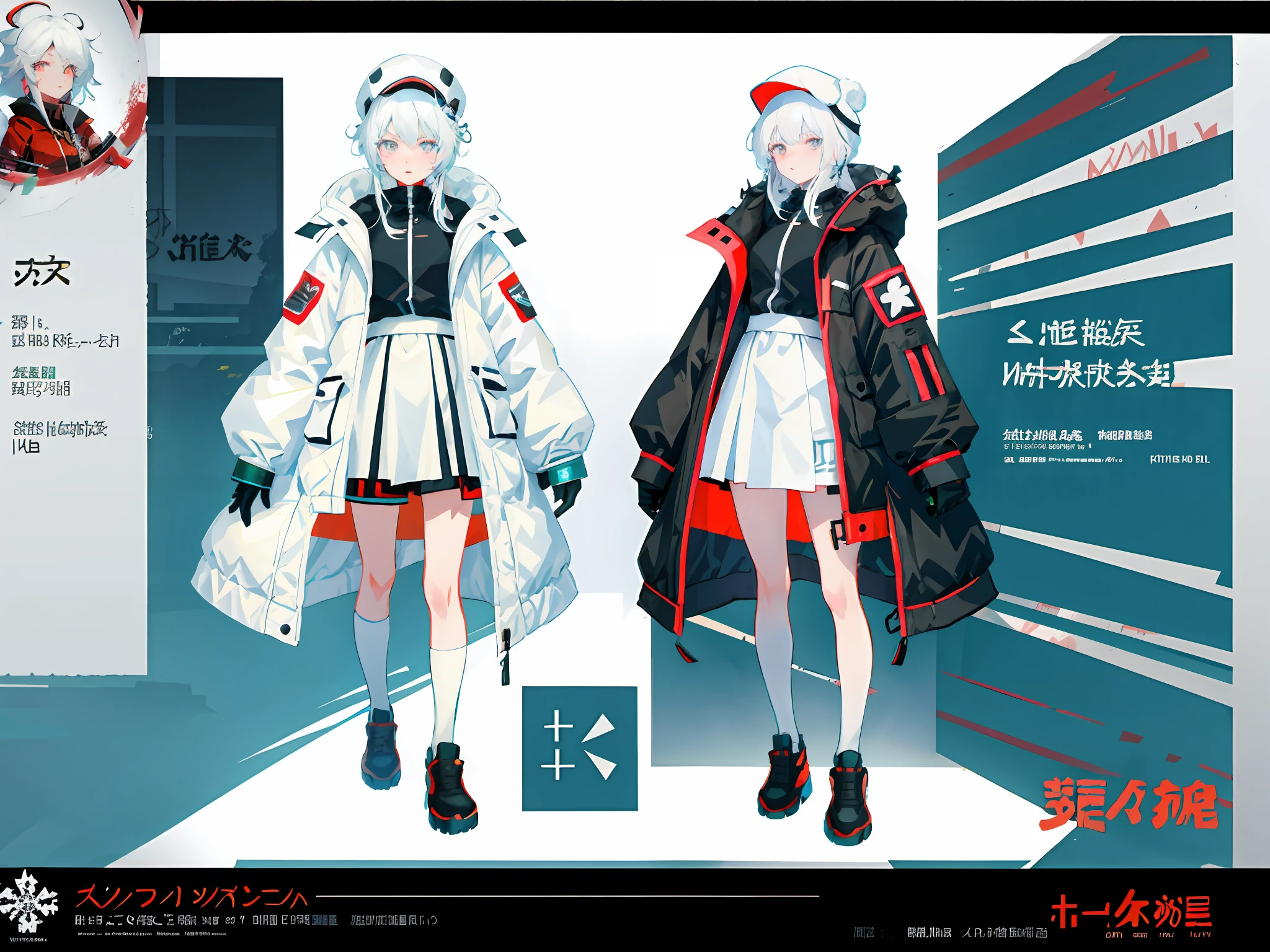 highr， Snowman padded jacket，White color hair，White eyes，standing on your feet，assault rifle，Chinese girl design，Genshin detailed art，Anime character design，anime concept art，pretty anime character design，anime character reference sheet，[character  design]，