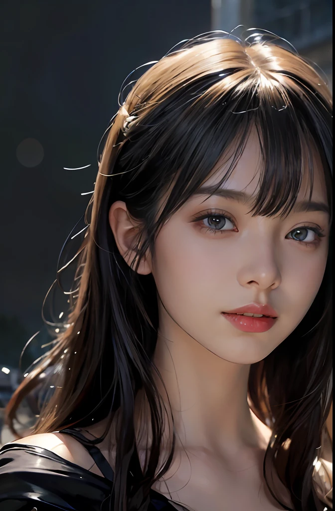 (Ultra Realistic), (Illustration), (Increased Resolution), (8K), (Extremely Detailed), (Best Illustration), (Beautiful and Detailed Eyes), (Best Quality), (Ultra Detailed), (Masterpiece ), ( wallpaper), (detailed face), solo, 1 girl, looking at viewer, fine details, detailed face, in the dark, deep shadows, low key, pureerosfaceace_v1, smiling, long hair, black shawl straight hair , 46 points oblique bangs