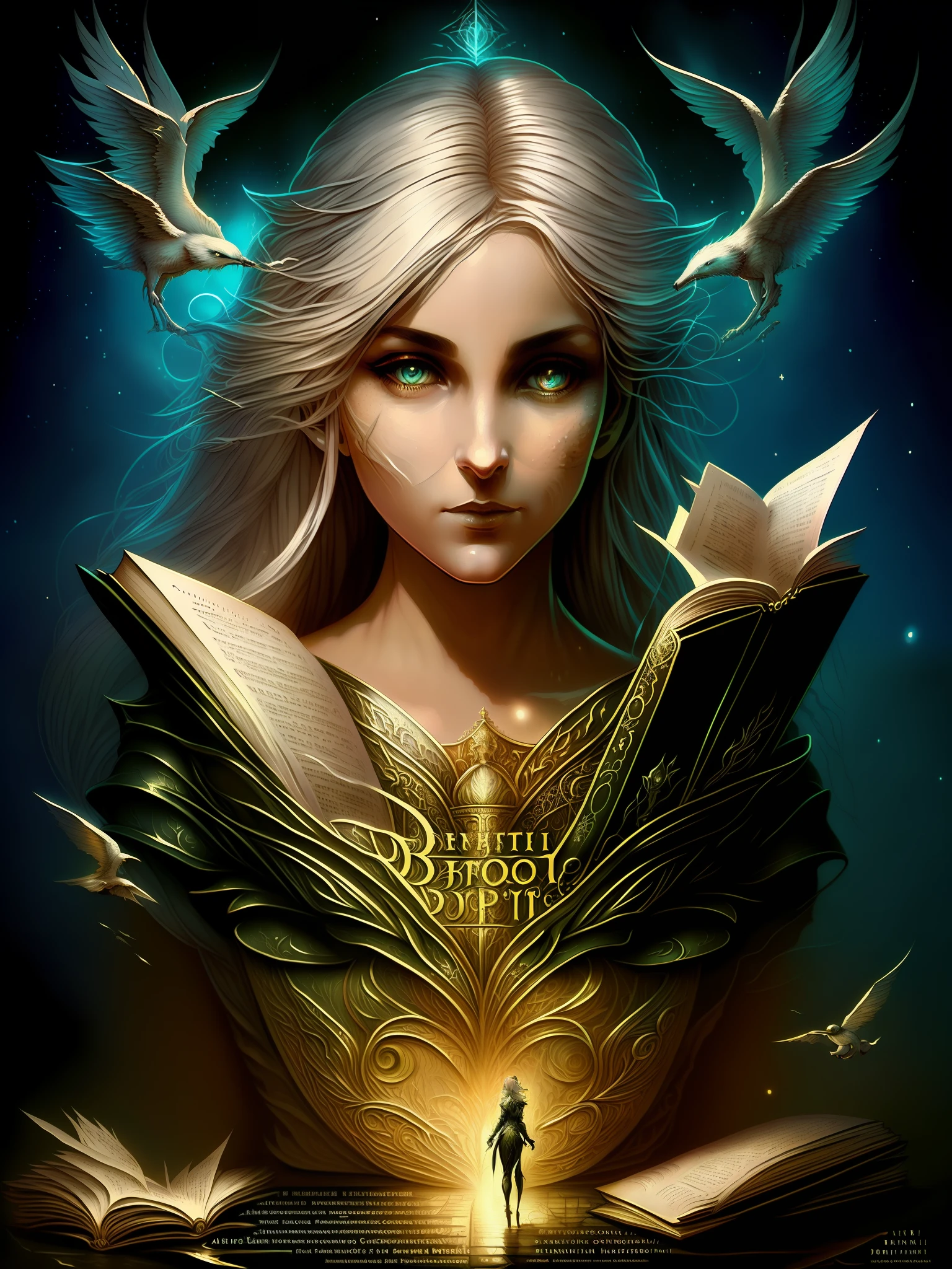 Blonde woman with white hair holding a book in her hands, realistic fantasy illustration, retrato da arte da fantasia, No estilo de arte de Bowater, retrato do livro do RPG, retrato de fantasia digital, retrato bonito da arte da fantasia, art cover illustration, fada do livro adulto bonita, retrato de fantasia fosco detalhado, retrato do characture da fantasia, fantasy book illustration, mulher da fantasia, deusa. Detalhes extremamente altos