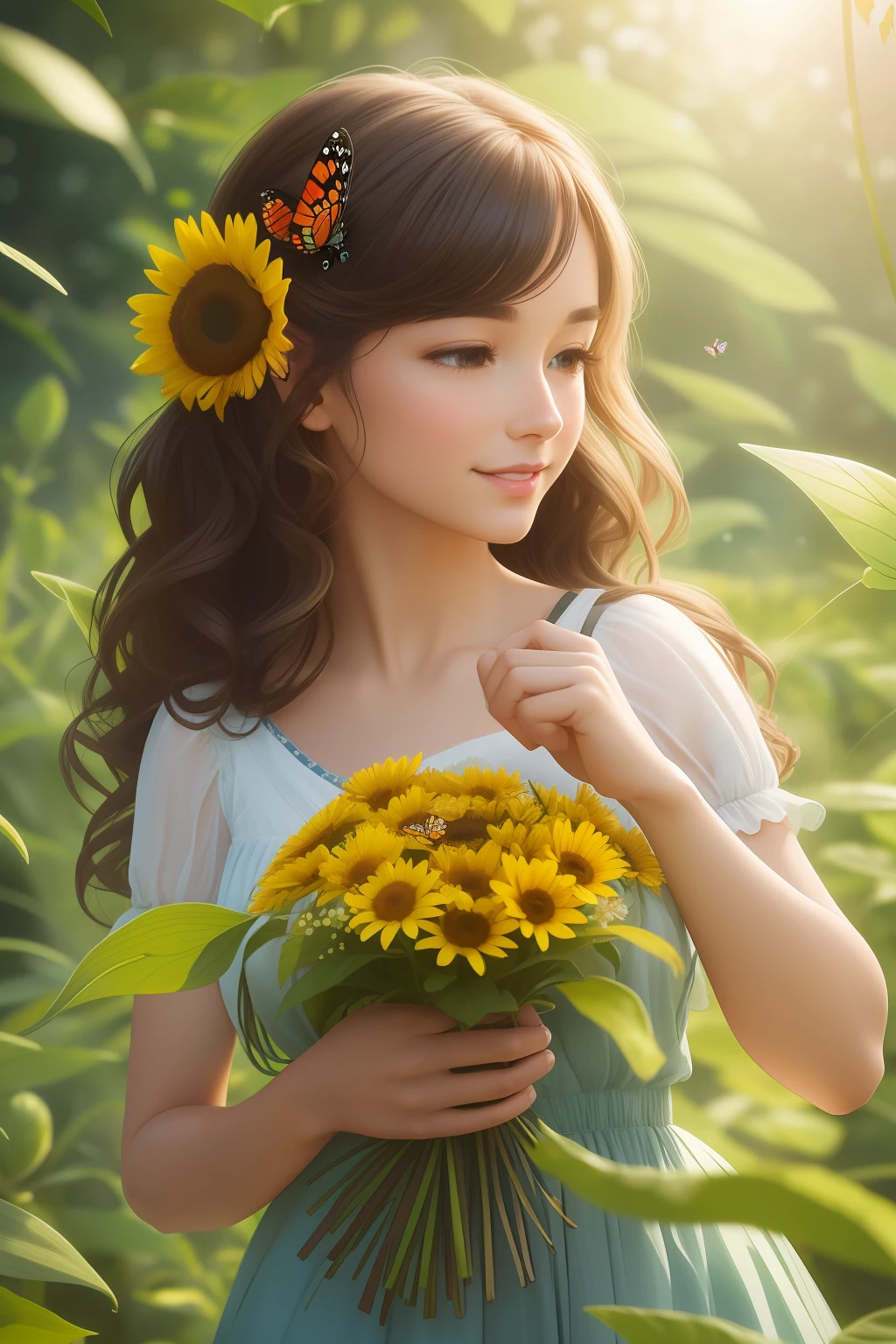 A cute girl holding flowers, wavy hairs, fly butterfly, ladybug, meadow, dancing, holding flowers, happy, in the jungle, perfect quality, clear focus (clutter-home: 0.8), (masterpiece: 1.2) (Realistic: 1.2) (Bokeh) (Best quality) (Detailed skin: 1.3) (Intricate details) (8K) (Detail Eyes) (Sharp Focus), (Happy)